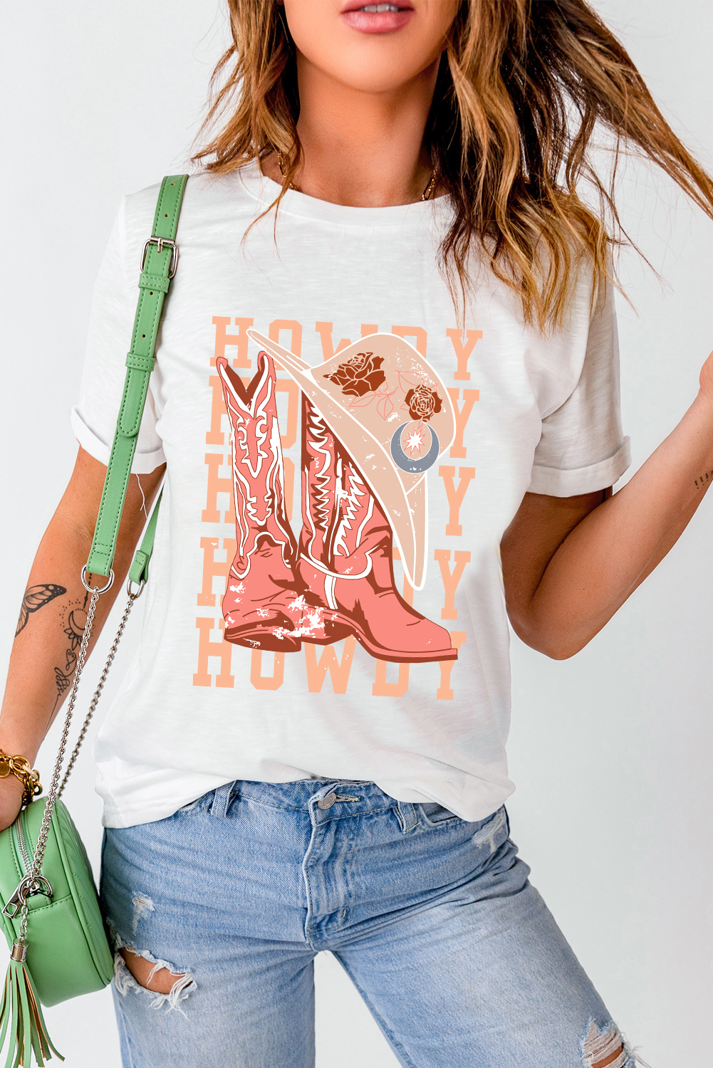 White HOWDY Cowboy Boots Graphic Crew Neck T Shirt - loveforevers