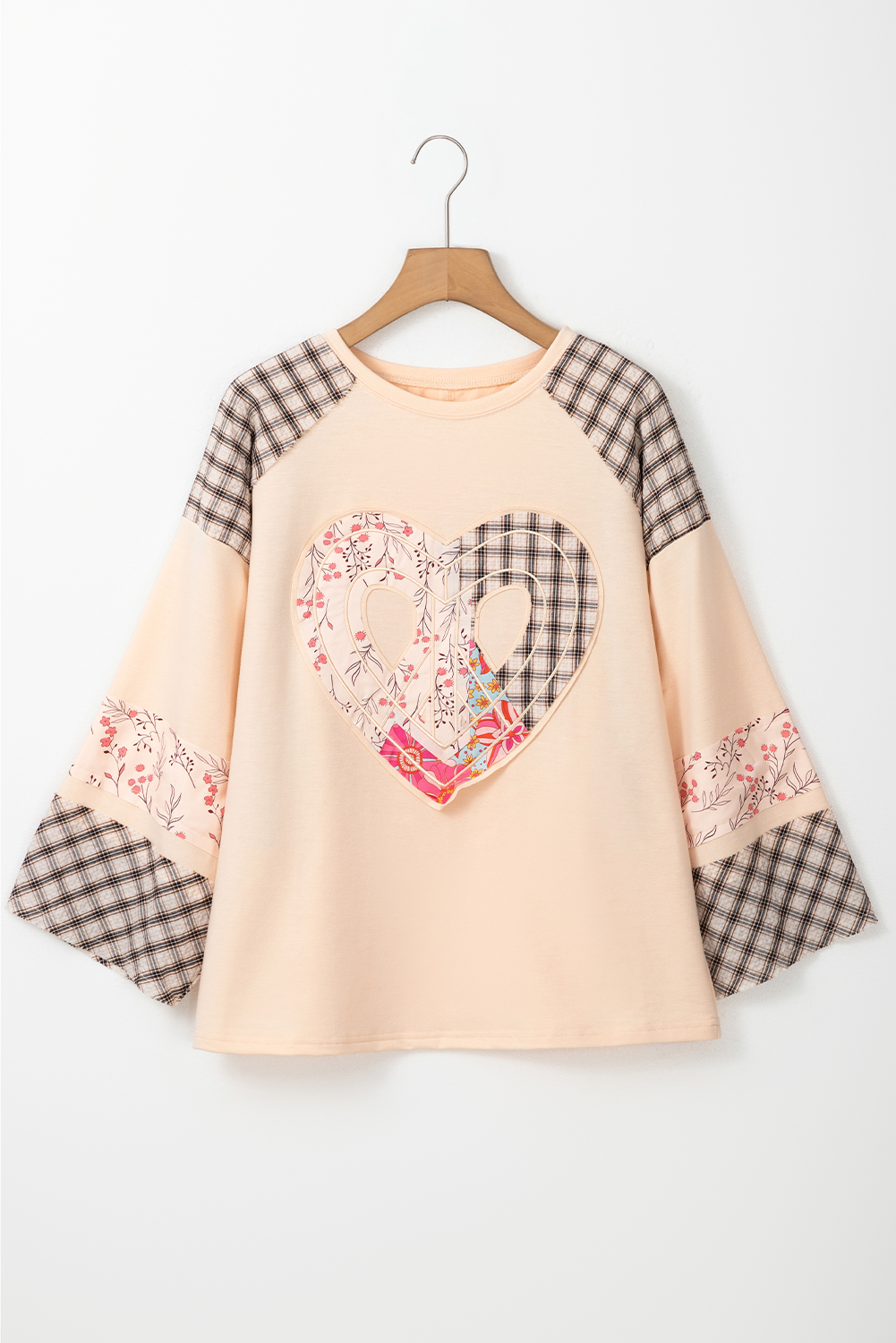 Beige Flower Patch Graphic Exposed Seam Wide Sleeve Top - loveforevers