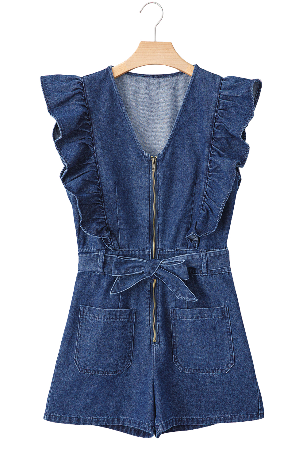 Sail Blue Denim Ruffled Zipped Front Belted Romper - loveforevers