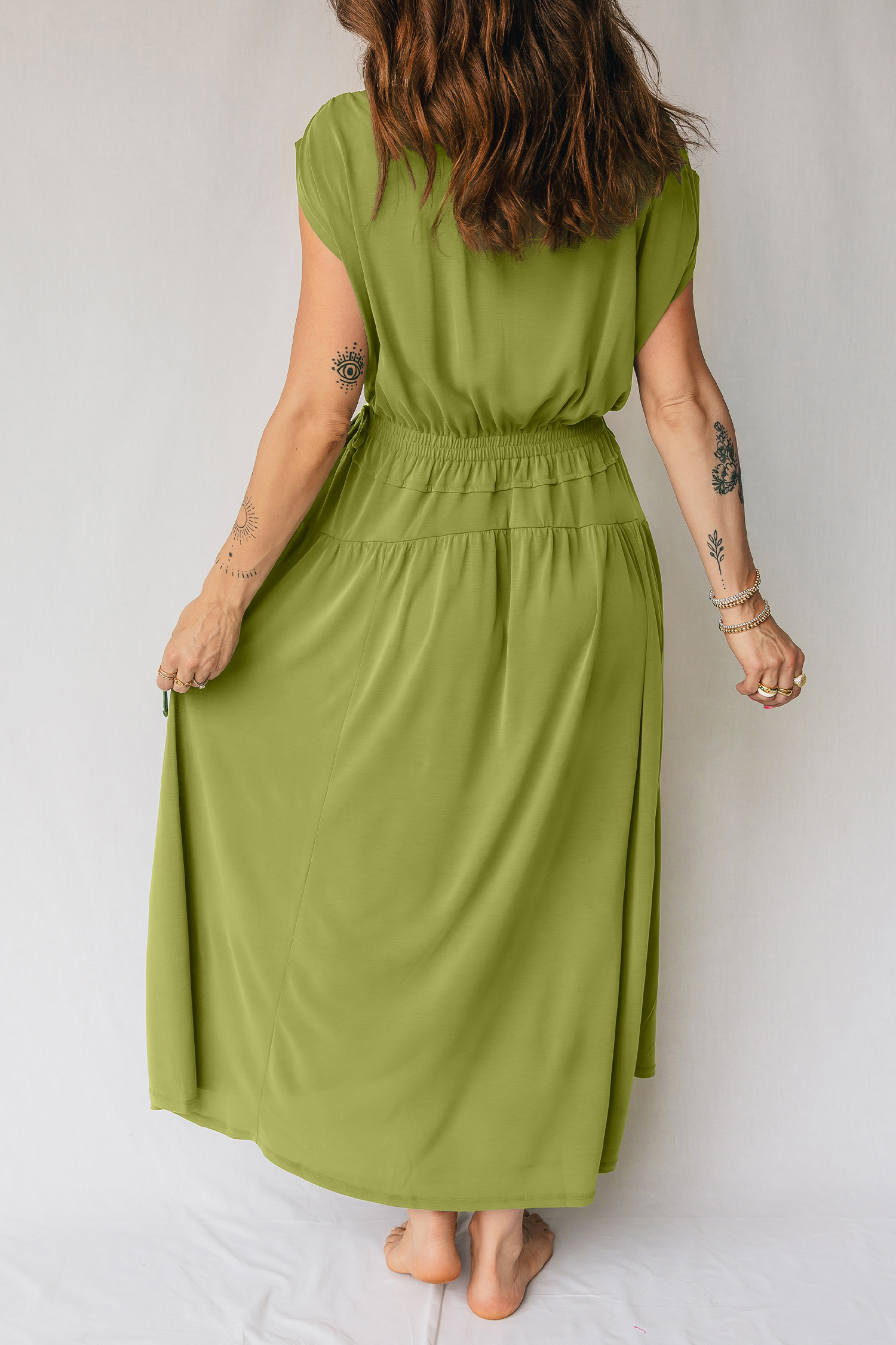 Fern Green Solid V Neck Cap Sleeve Tunic Elastic Waist Versatile Maxi Dress - loveforevers