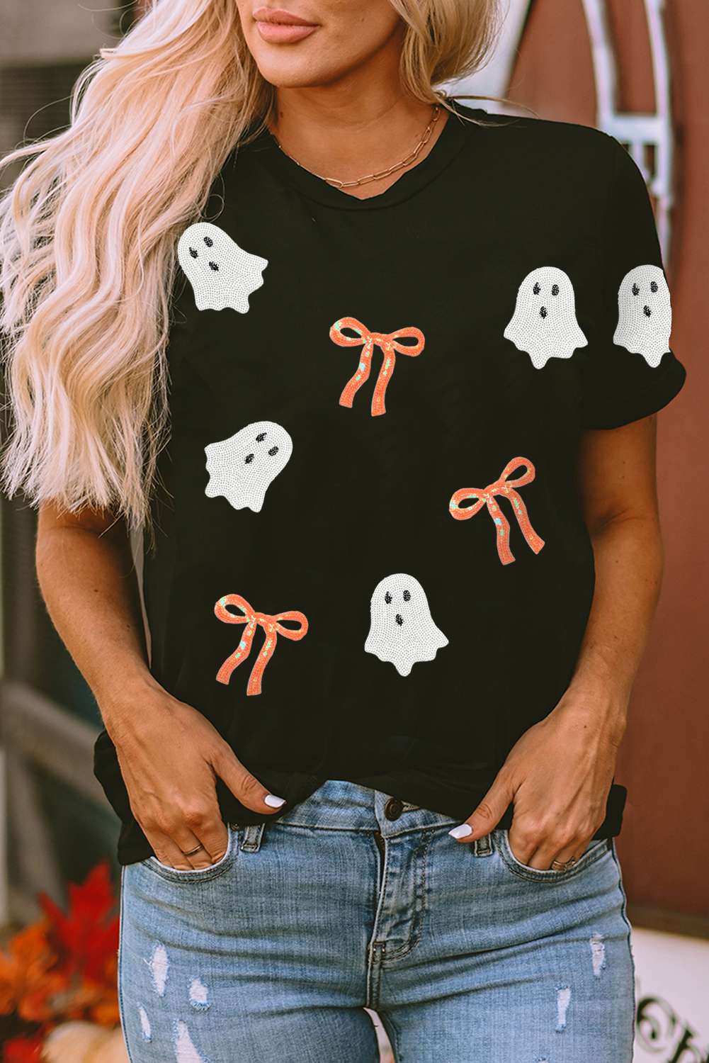 Black Sequin Bow Ghost Patched Halloween Graphic Tee - loveforevers
