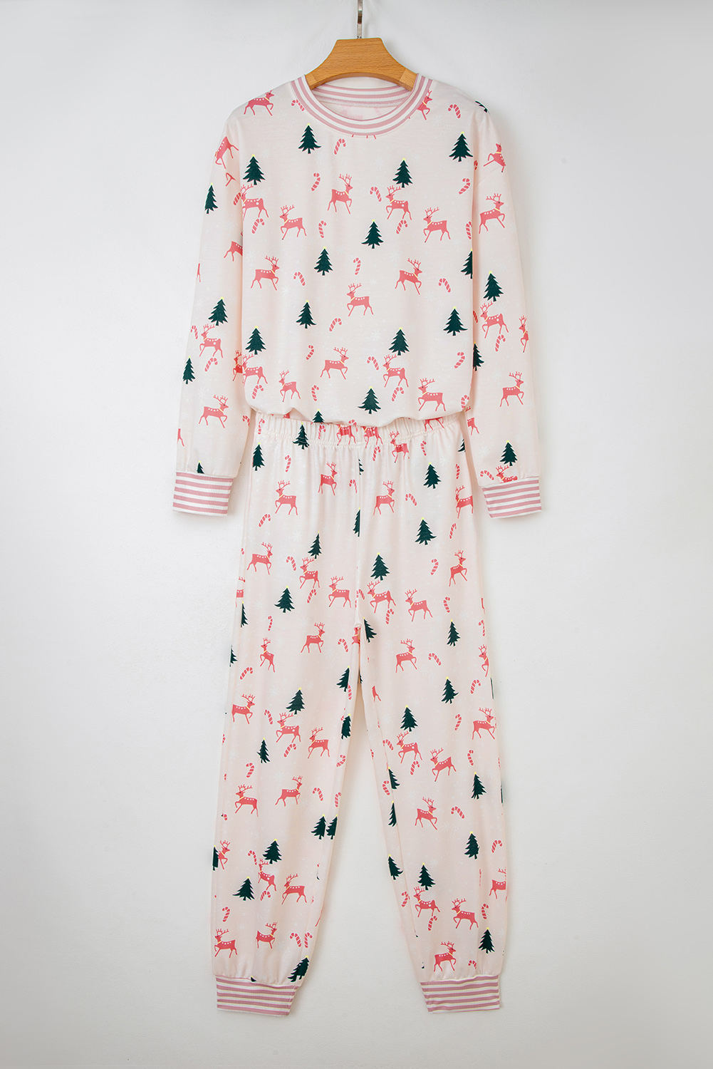 Pink Bow Christmas Tree Print Contrast Striped Banding 2pcs Lounge Set - loveforevers