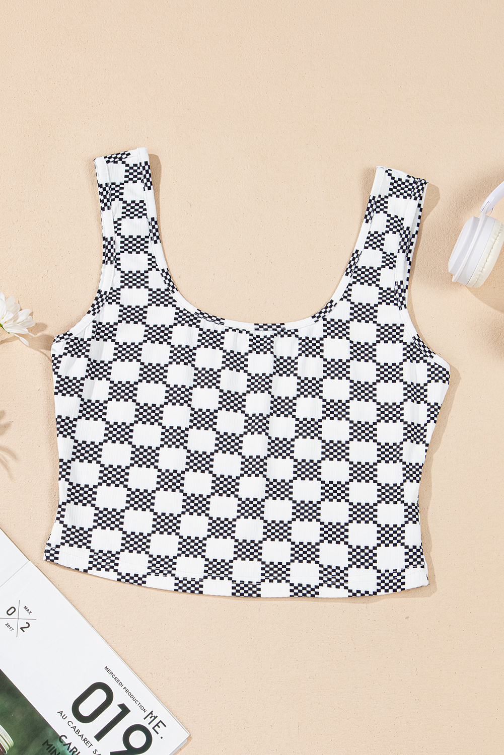 Black Checkered Print U Neck Cropped Tank Top - loveforevers