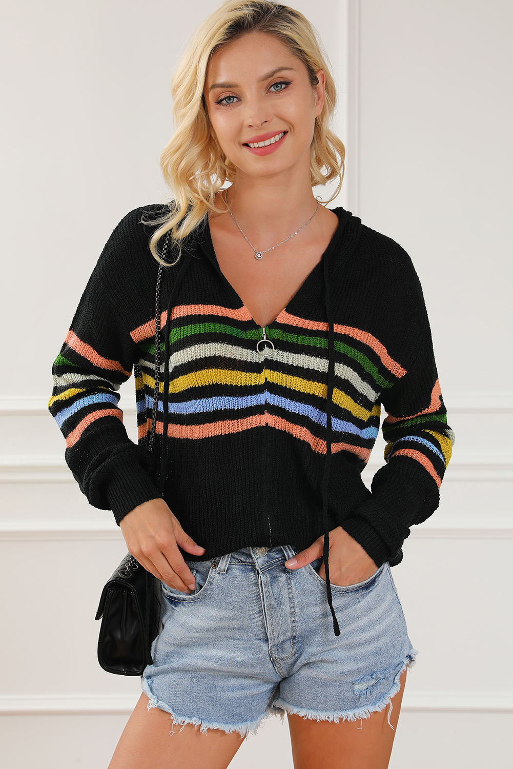 Black Striped Detail Zip Up Hooded Sweater Cardigan - loveforevers