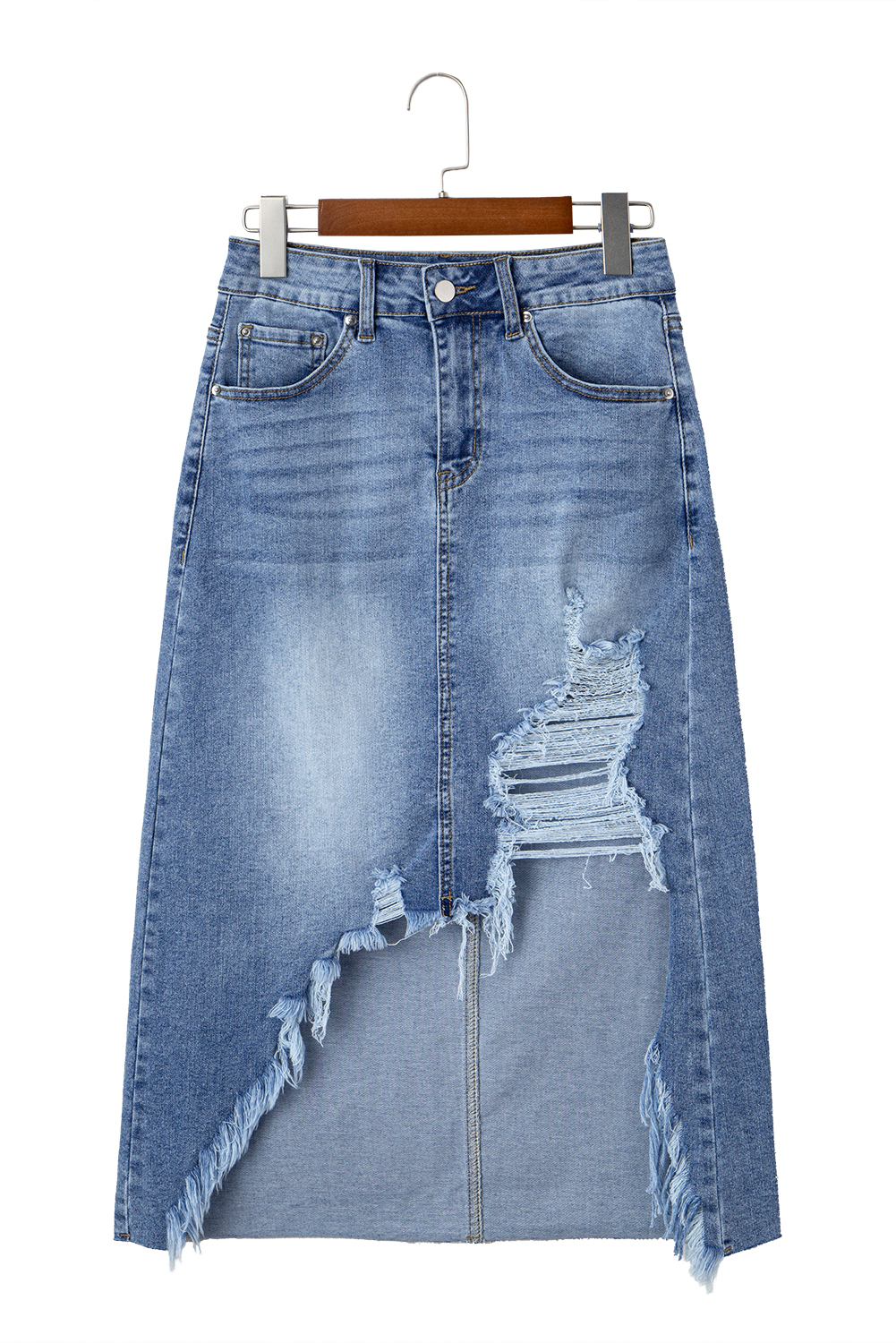 Sail Blue Dearlove Irregular Distressed Bottom Denim Midi Skirt - loveforevers