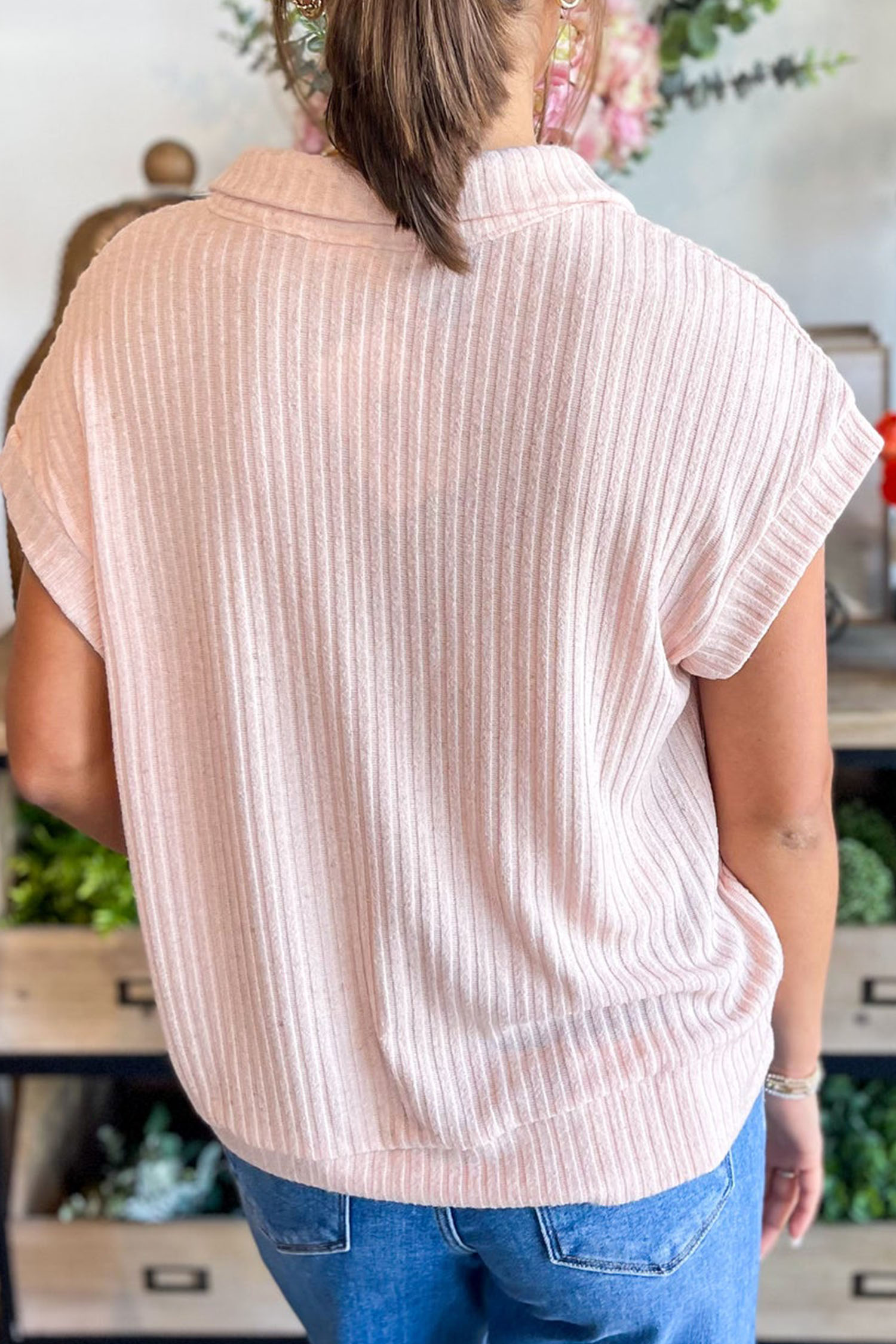 Light Pink Collared V Neck Ribbed Tee - loveforevers