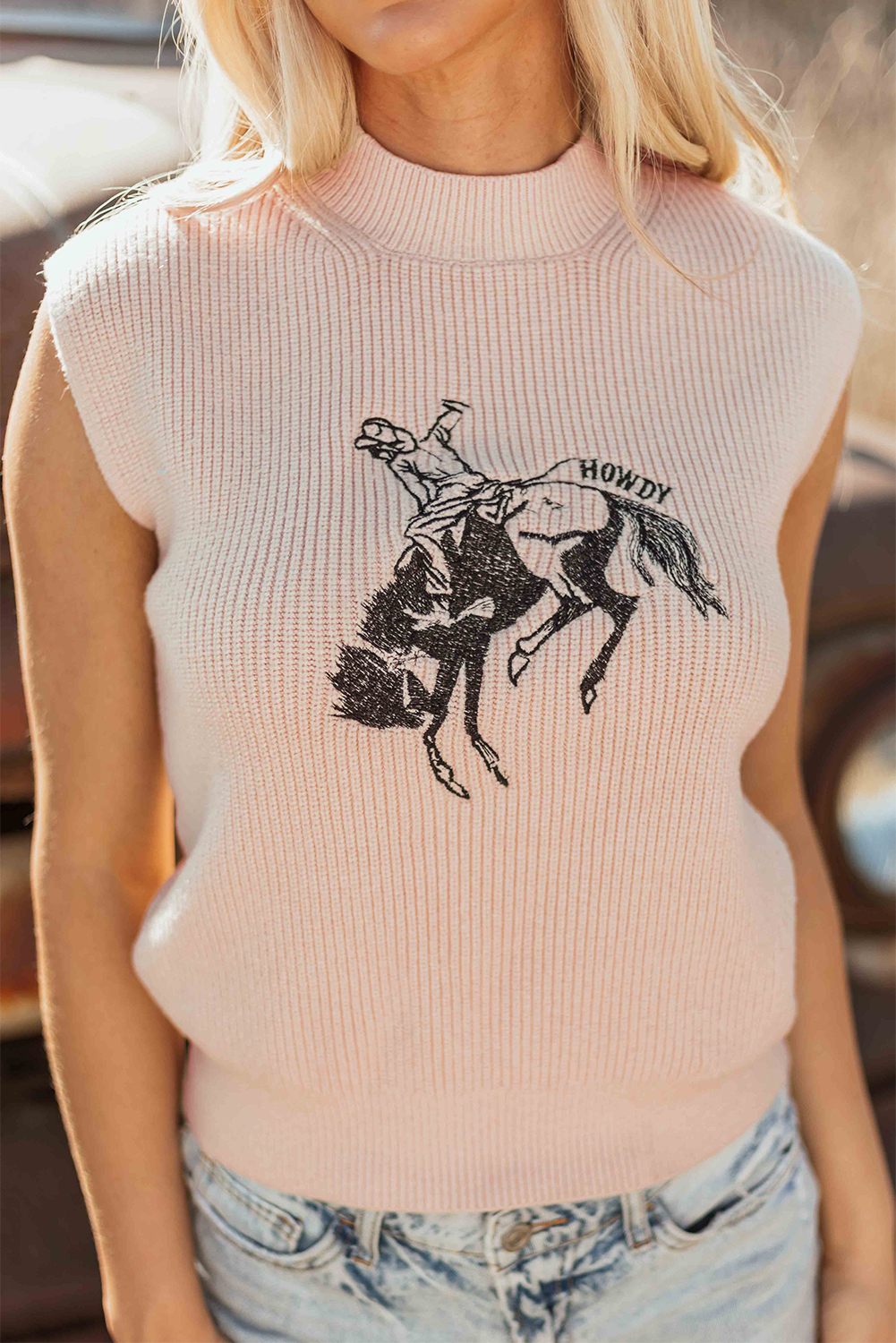 Black Western Cowboy Embroidery Round Neck Sleeveless Sweater - loveforevers