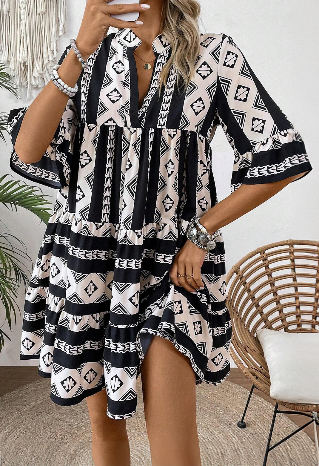 Black Geometric Print V Neck Ruffled Dress - loveforevers