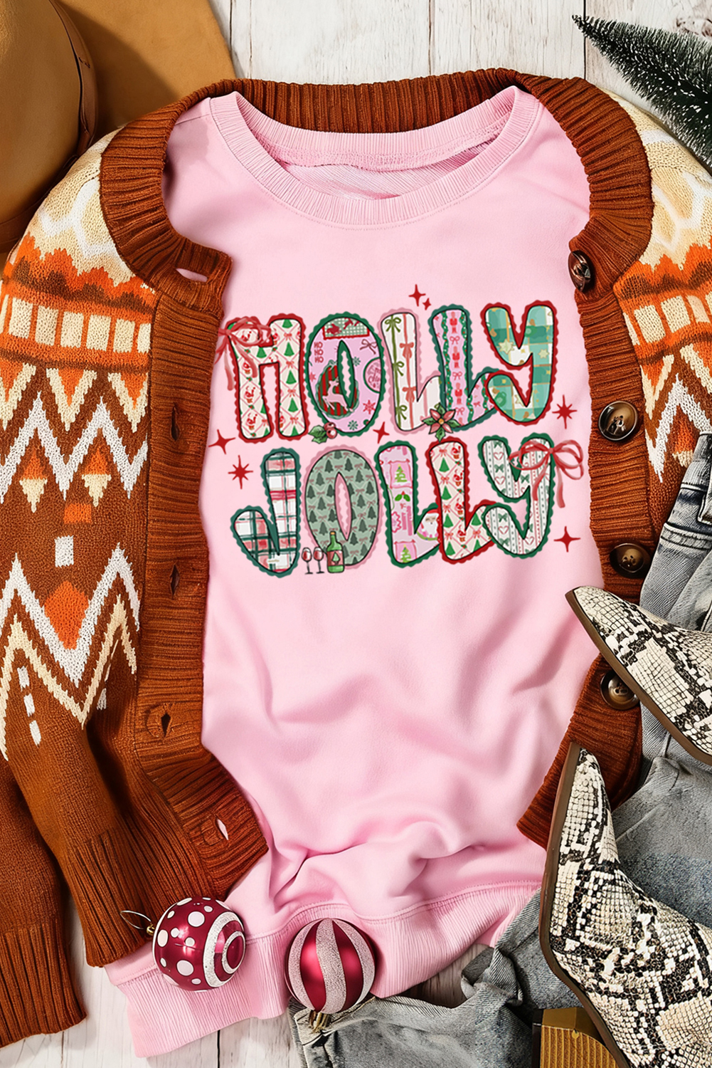 Pink HOLLY JOLLY Cute Holiday Graphic Sweatshirt - loveforevers