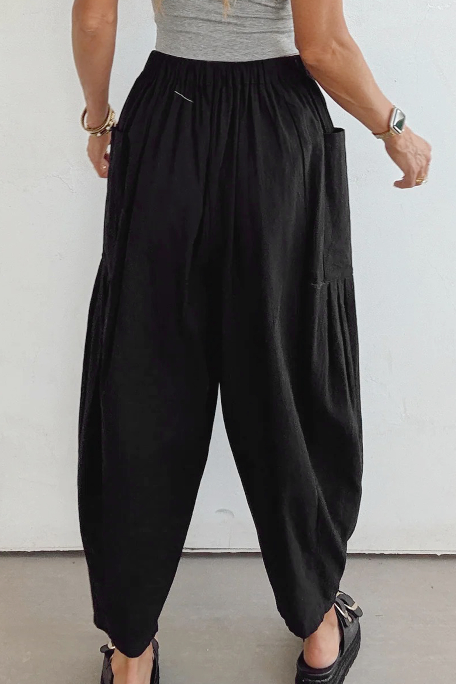 Black Drawstring Elastic Waist Patch Pocket Barrel Leg Casual Pants - loveforevers
