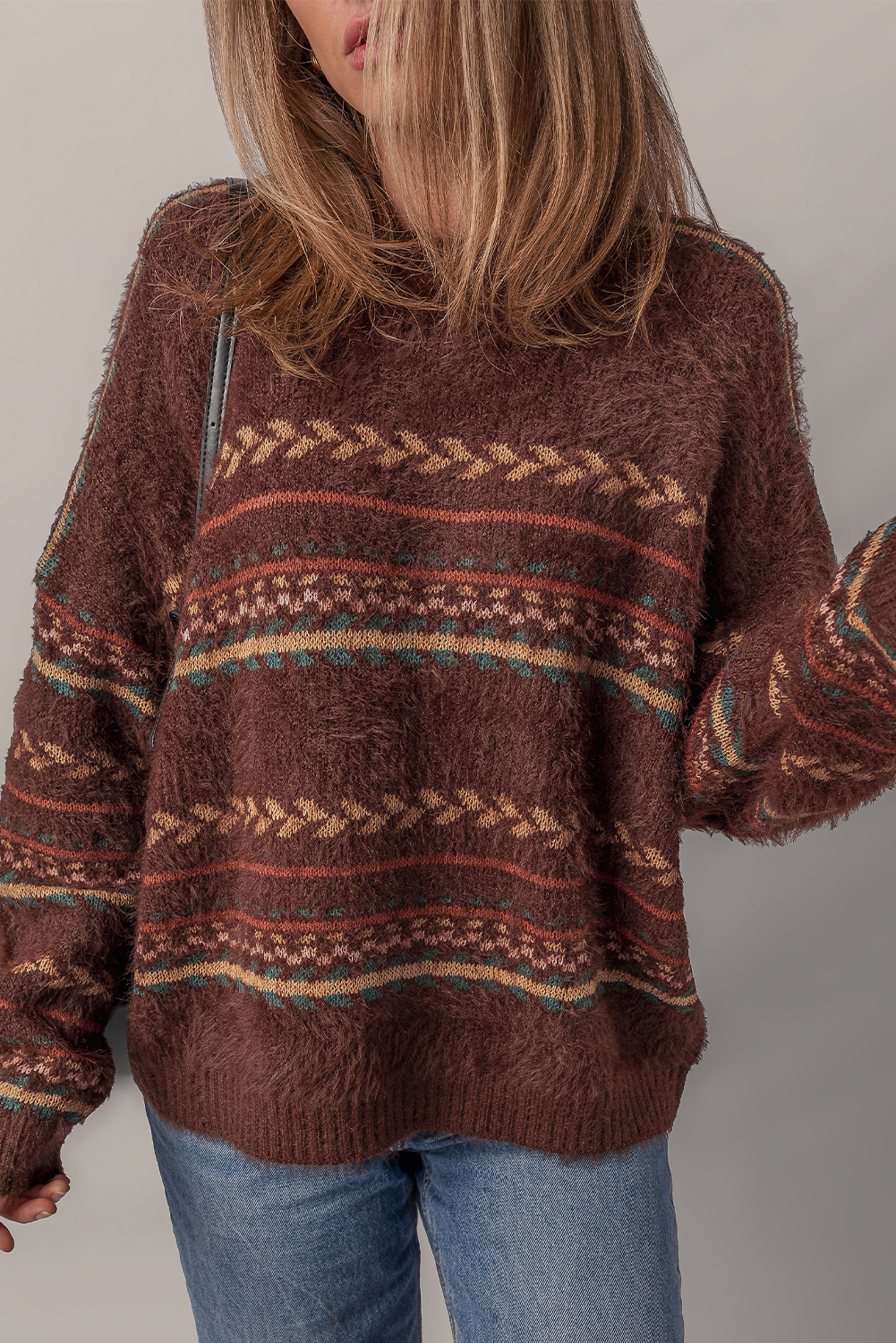 Brown Ethnic Pattern Mohair Knitted Drop Shoulder Sweater - loveforevers