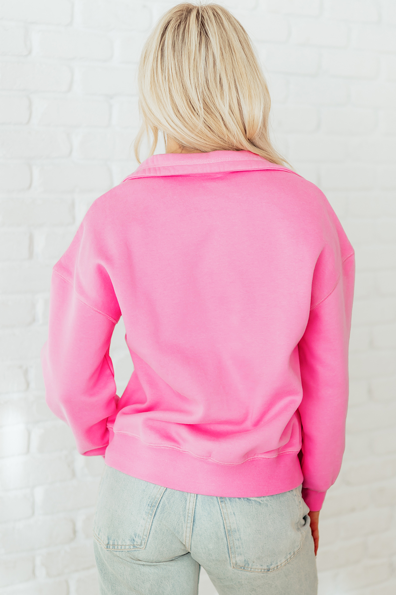 Bright Pink Half Button Stand Neck Drop Shoulder Sweatshirt - loveforevers