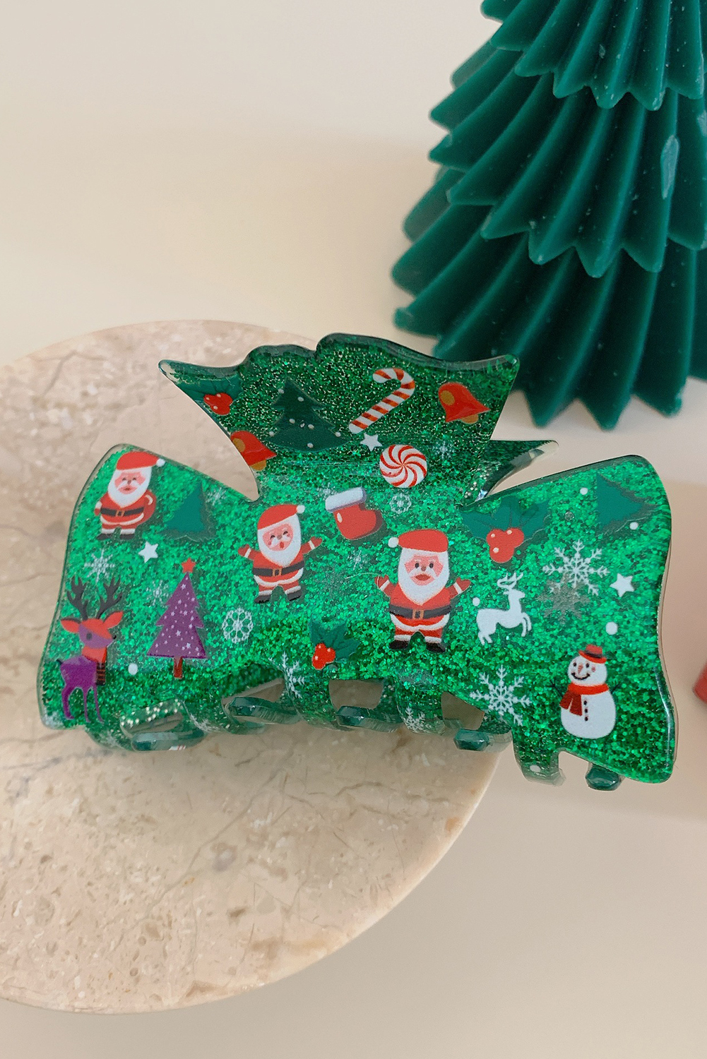 Dark Green Christmas Theme Printed Glister Hair Claw Clip - loveforevers
