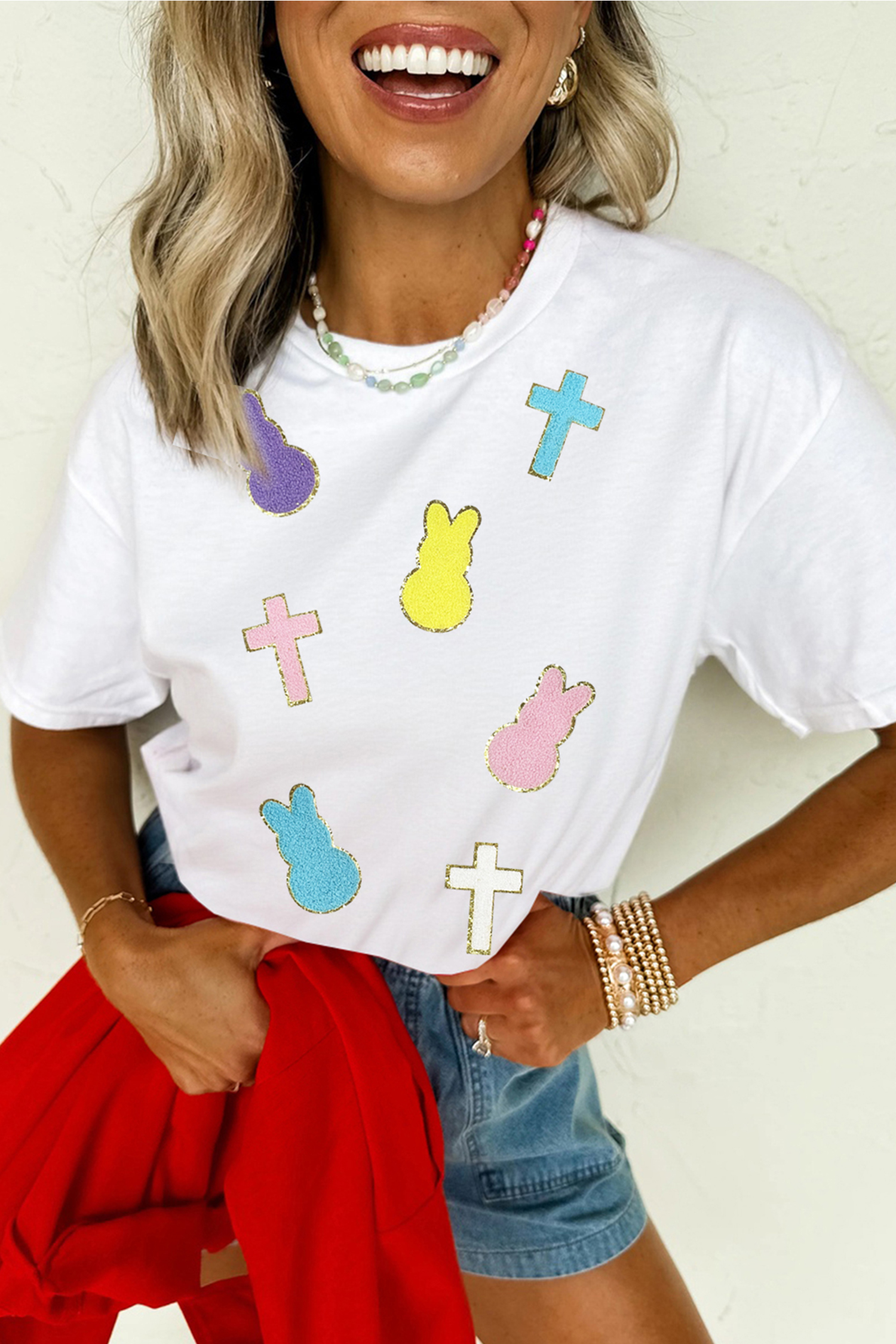 White Chenille Bunny Cross Patch Easter T Shirt - loveforevers