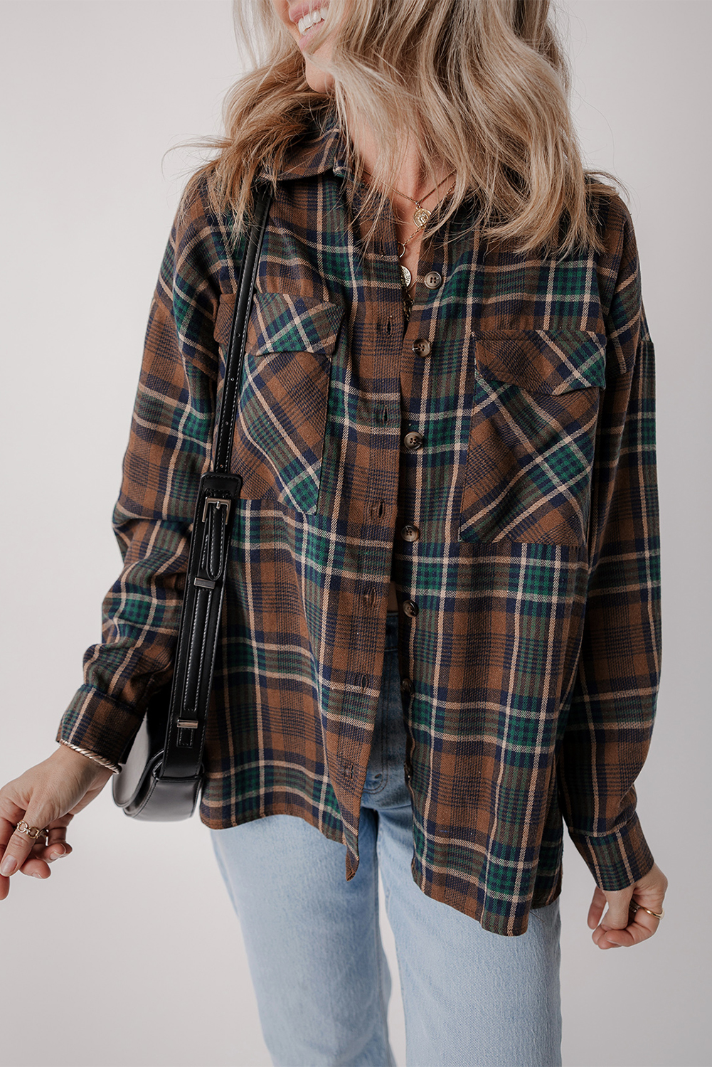 Brown Plaid Print Chest Pockets Buttoned Shirt Jacket - loveforevers