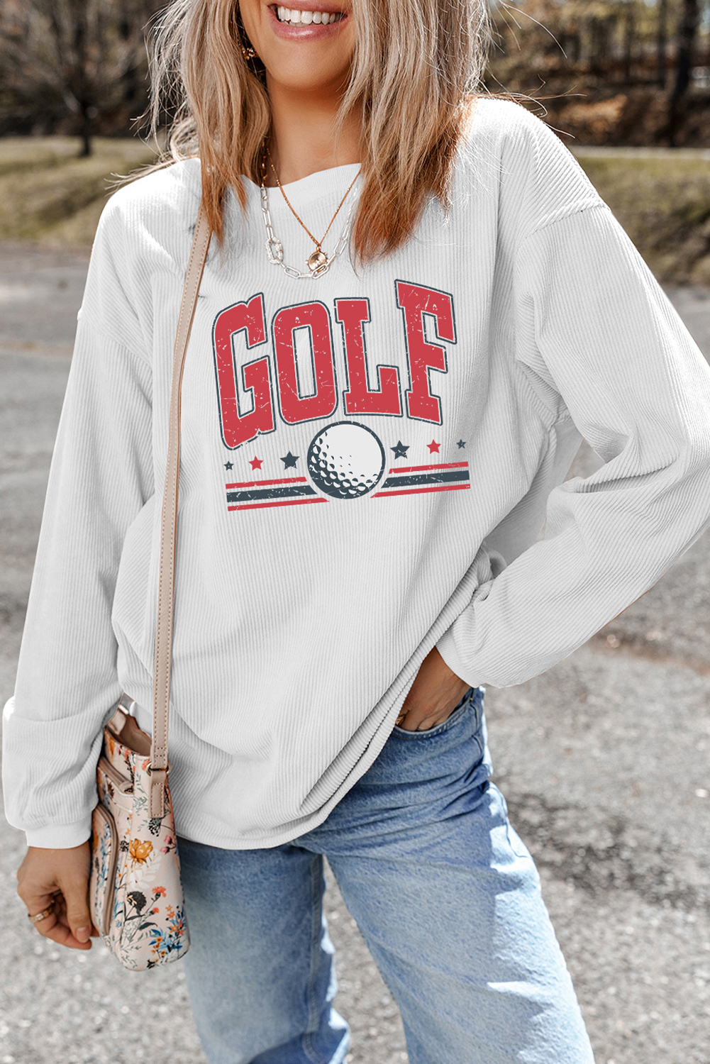 White GOLF Ball Print Ribbed Drop Shoulder Baggy Sweatshirt - loveforevers