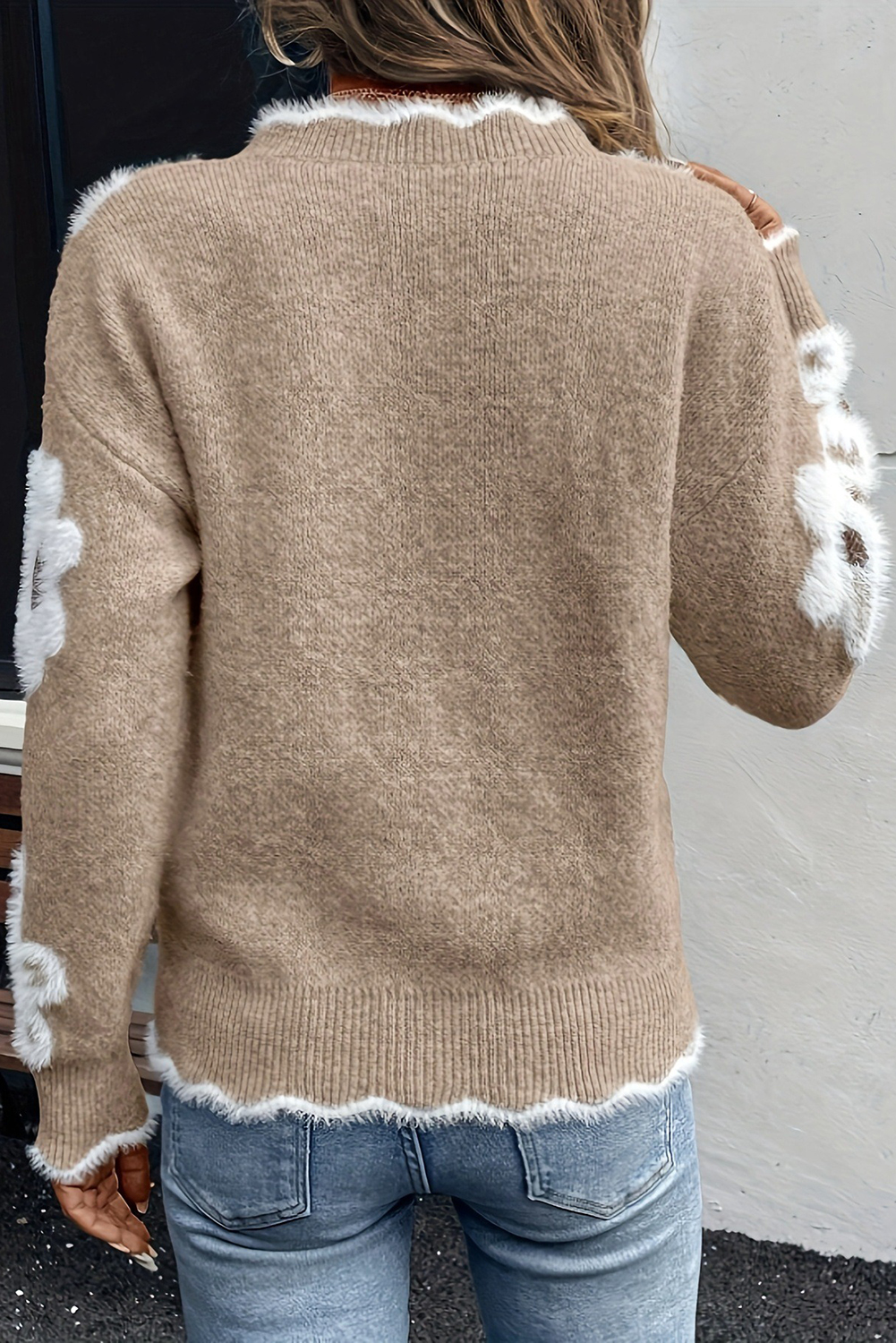 Smoke Gray Plush Flower Pattern Scalloped Trim V Neck Sweater - loveforevers