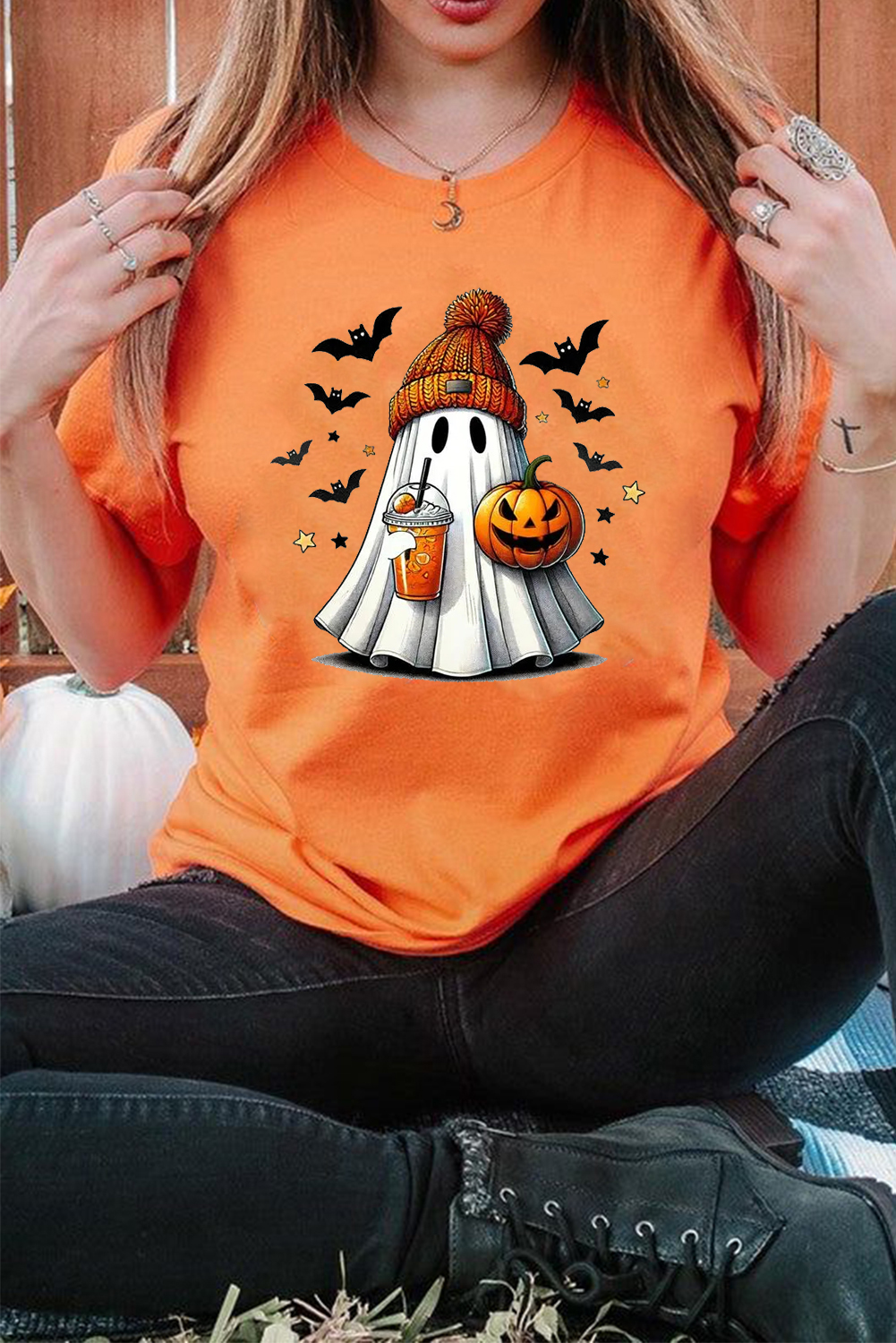Orange Playful Halloween Ghost Pumpkin Print Womens Casual Tee - loveforevers