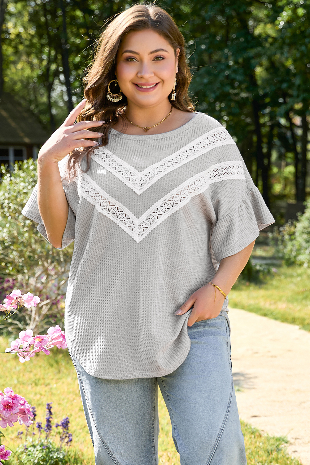 Light Grey Lace Insert Waffle Ruffle Short Sleeve Plus Size Top - loveforevers