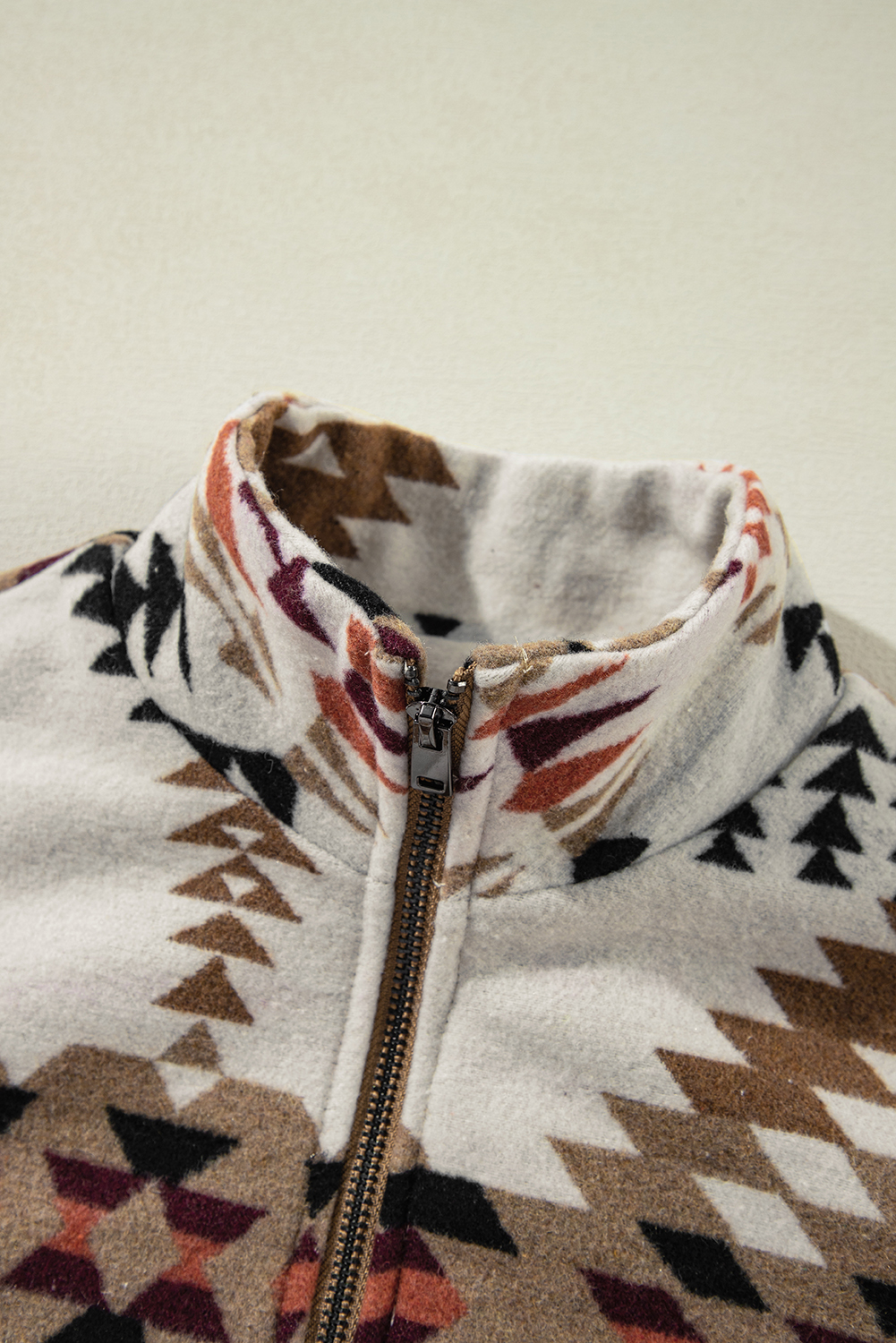 Beige Aztec Printed Stand Neck Zip Up Jacket - loveforevers