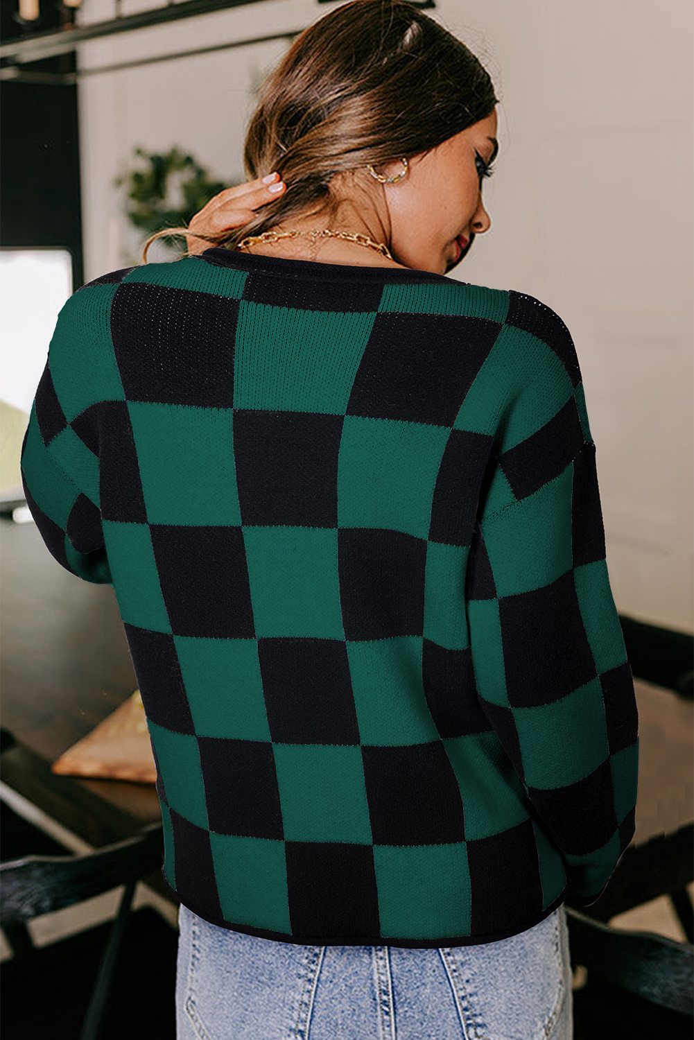Black Checked Notched Neckline Drop Shoulder Knit Sweater - loveforevers