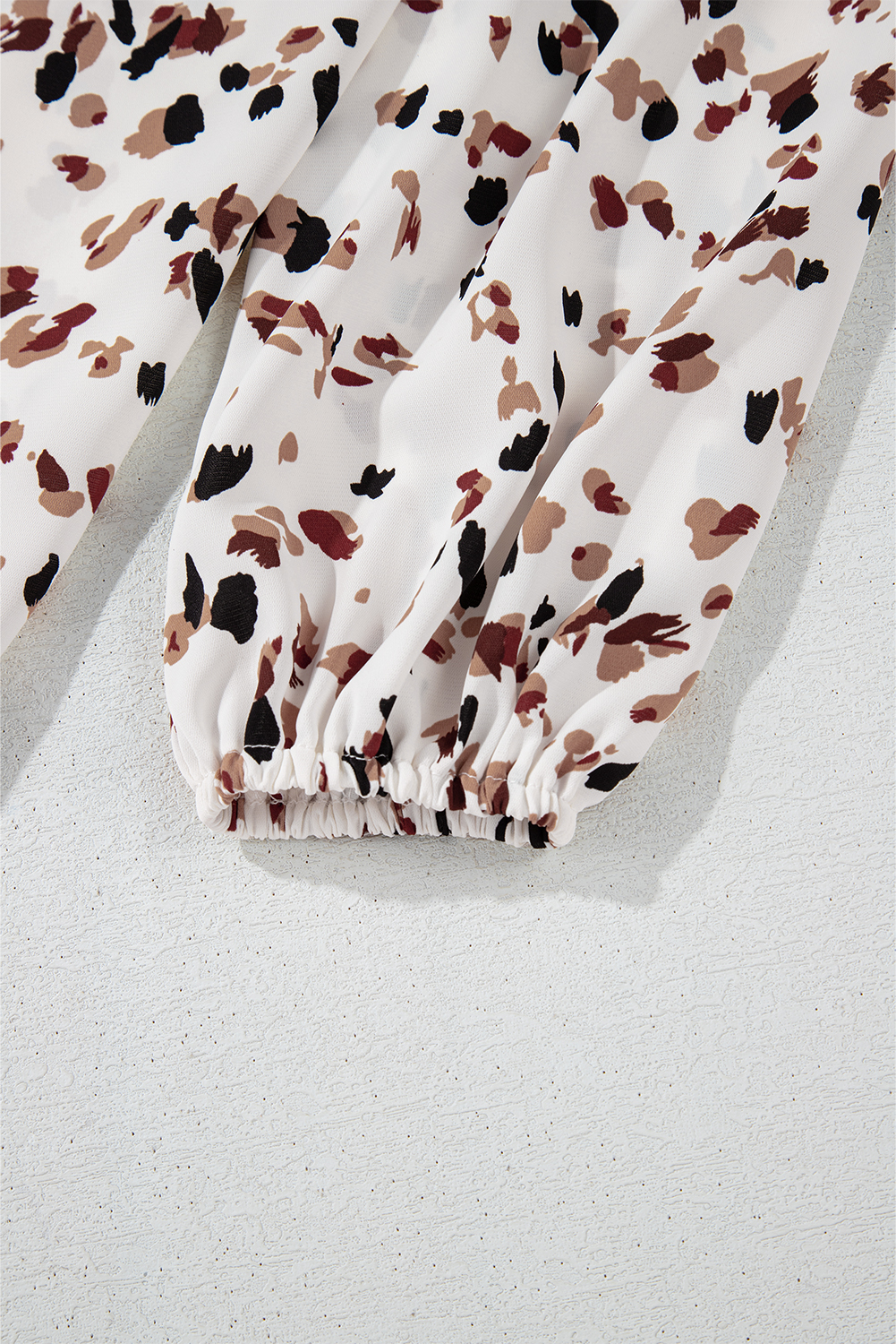 White Leopard Print Lantern Sleeve Mock Neck Pleated Blouse - loveforevers