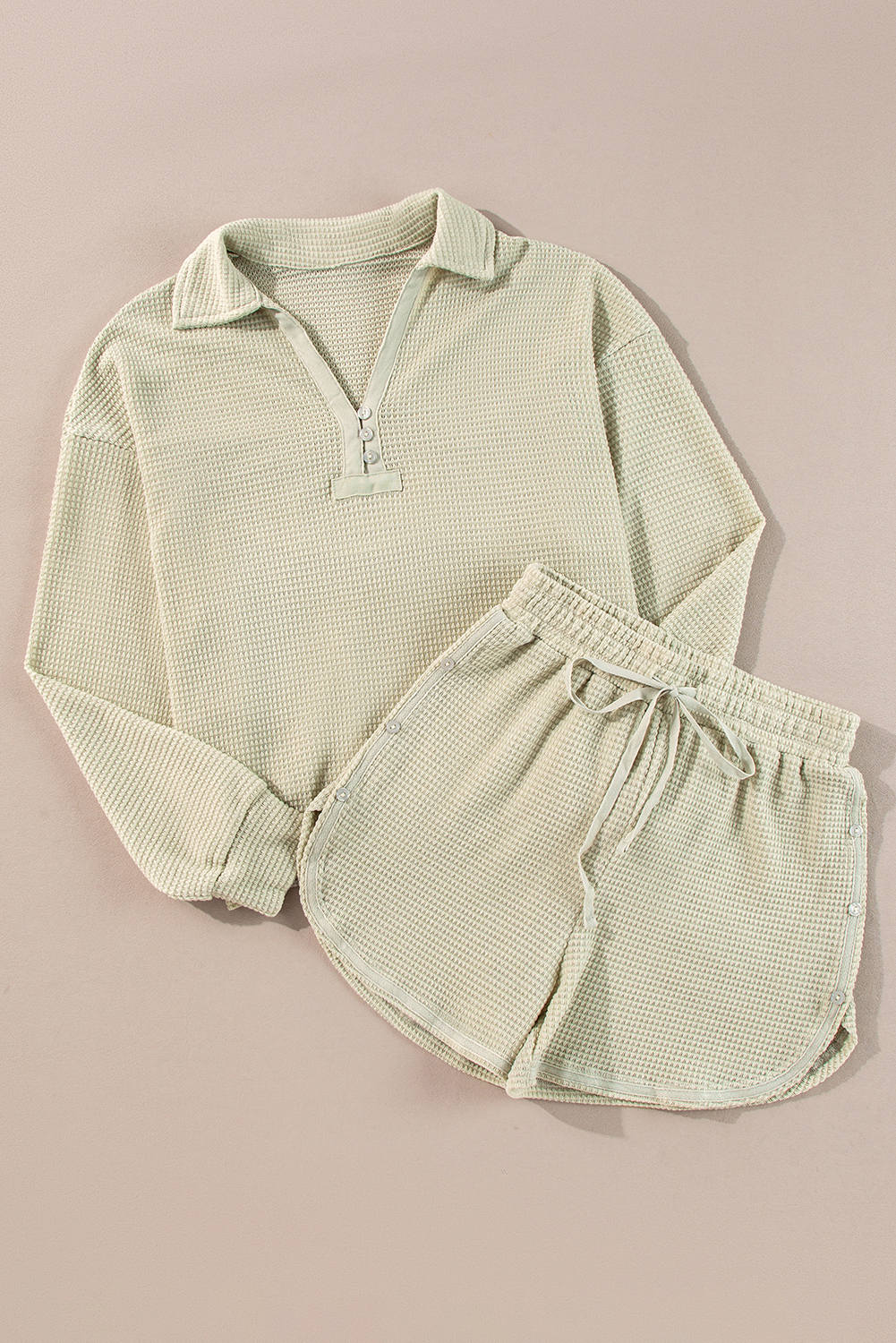 Parchment Textured Buttoned Long Sleeve Top 2 Piece Shorts Set - loveforevers