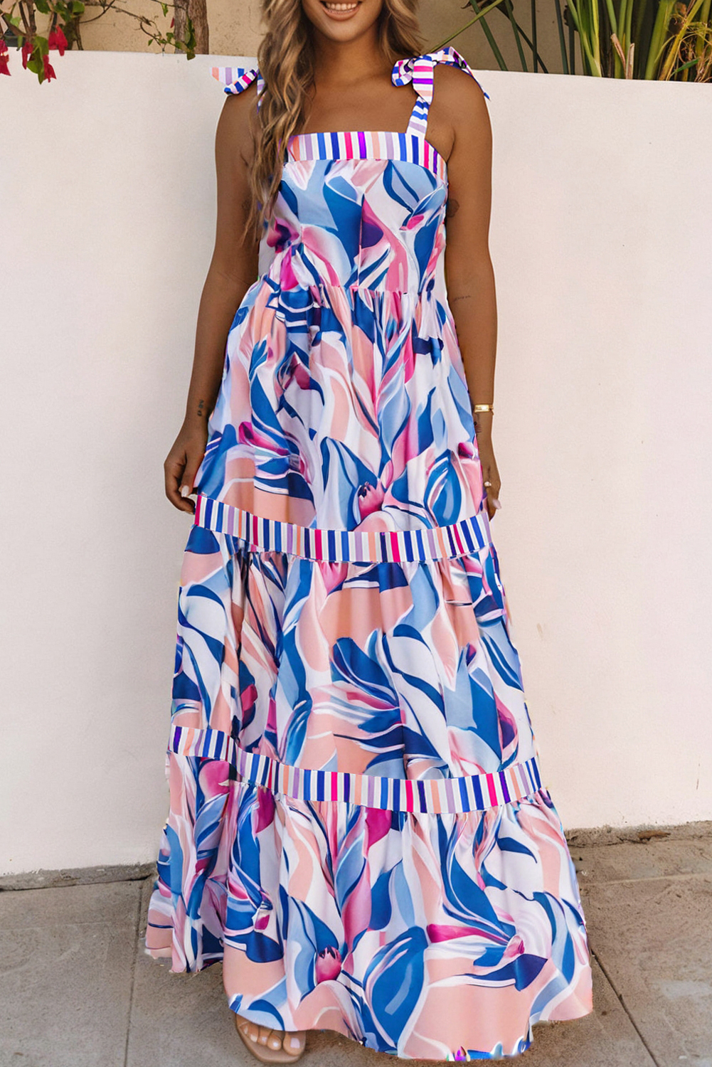 Sky Blue Abstract Print Striped Detail Knot Strap Maxi Dress - loveforevers