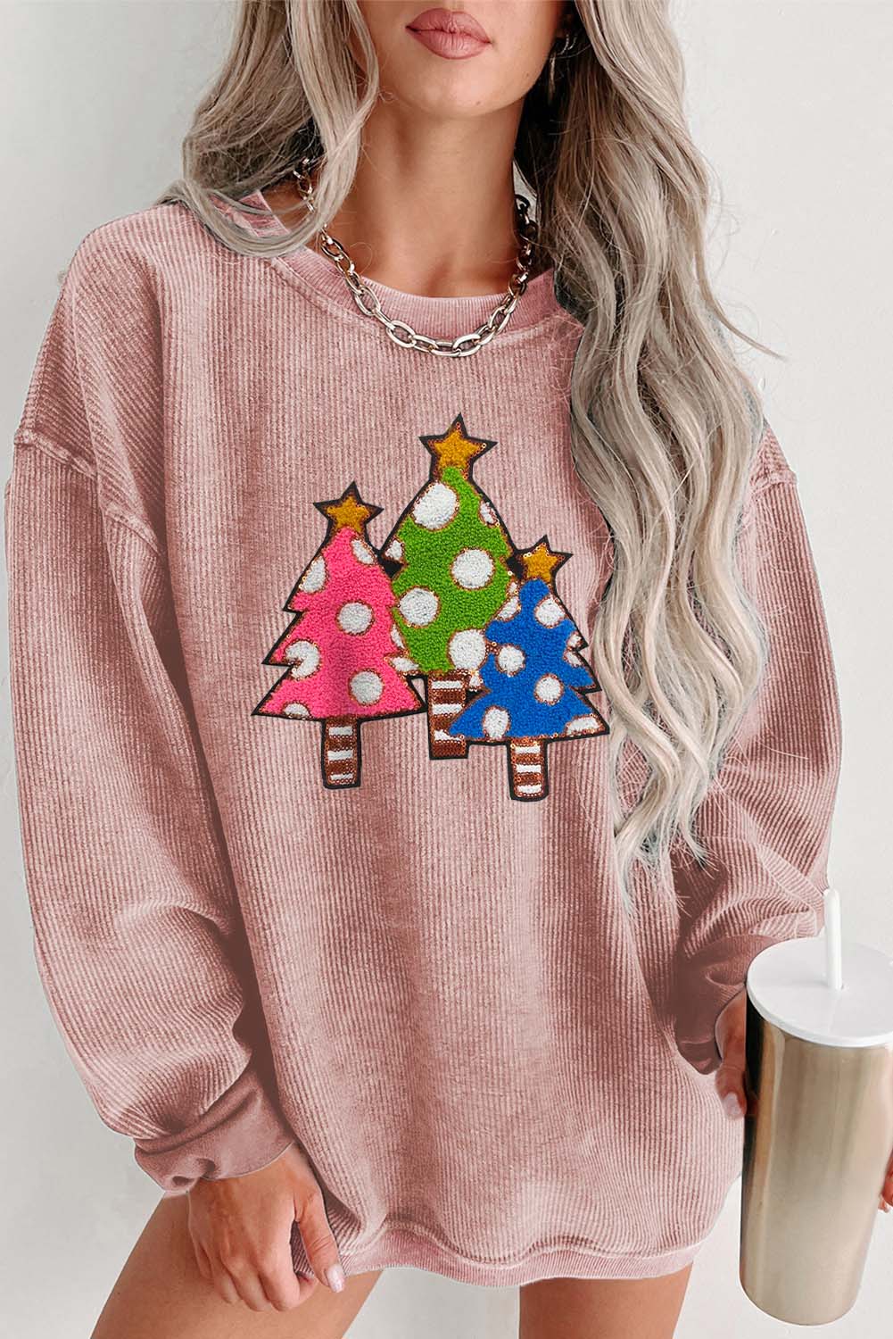 Pink Vintage Wash Sequined Christmas Tree Corded Sweatshirt - loveforevers