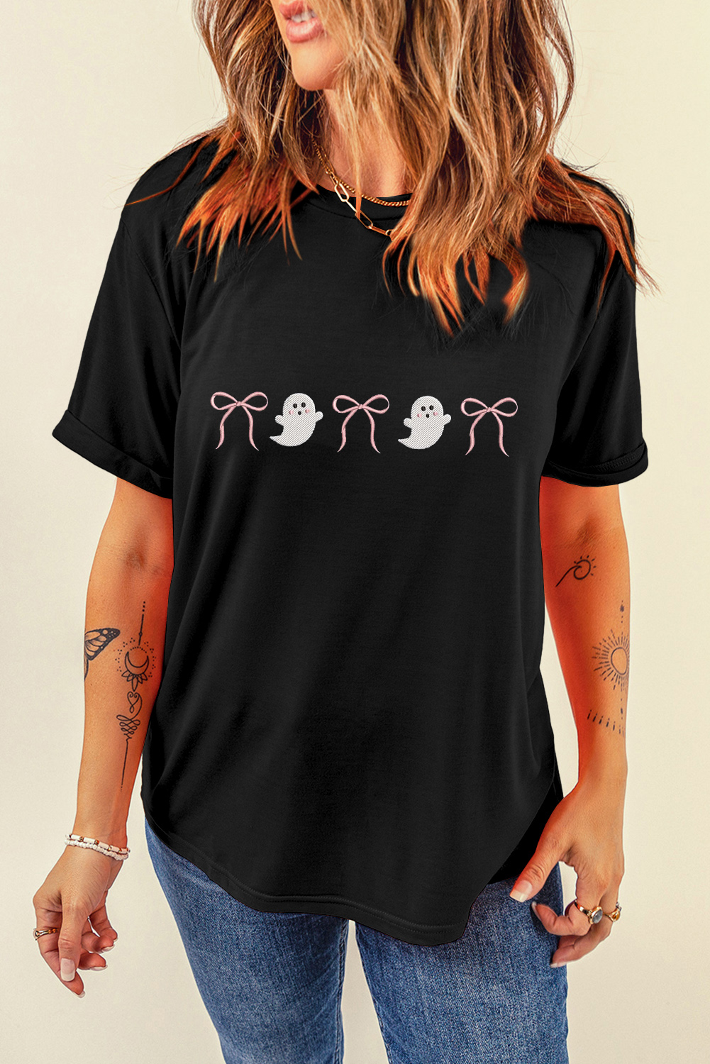 Black Halloween Ghost Bow Embroidered Loose T Shirt - loveforevers