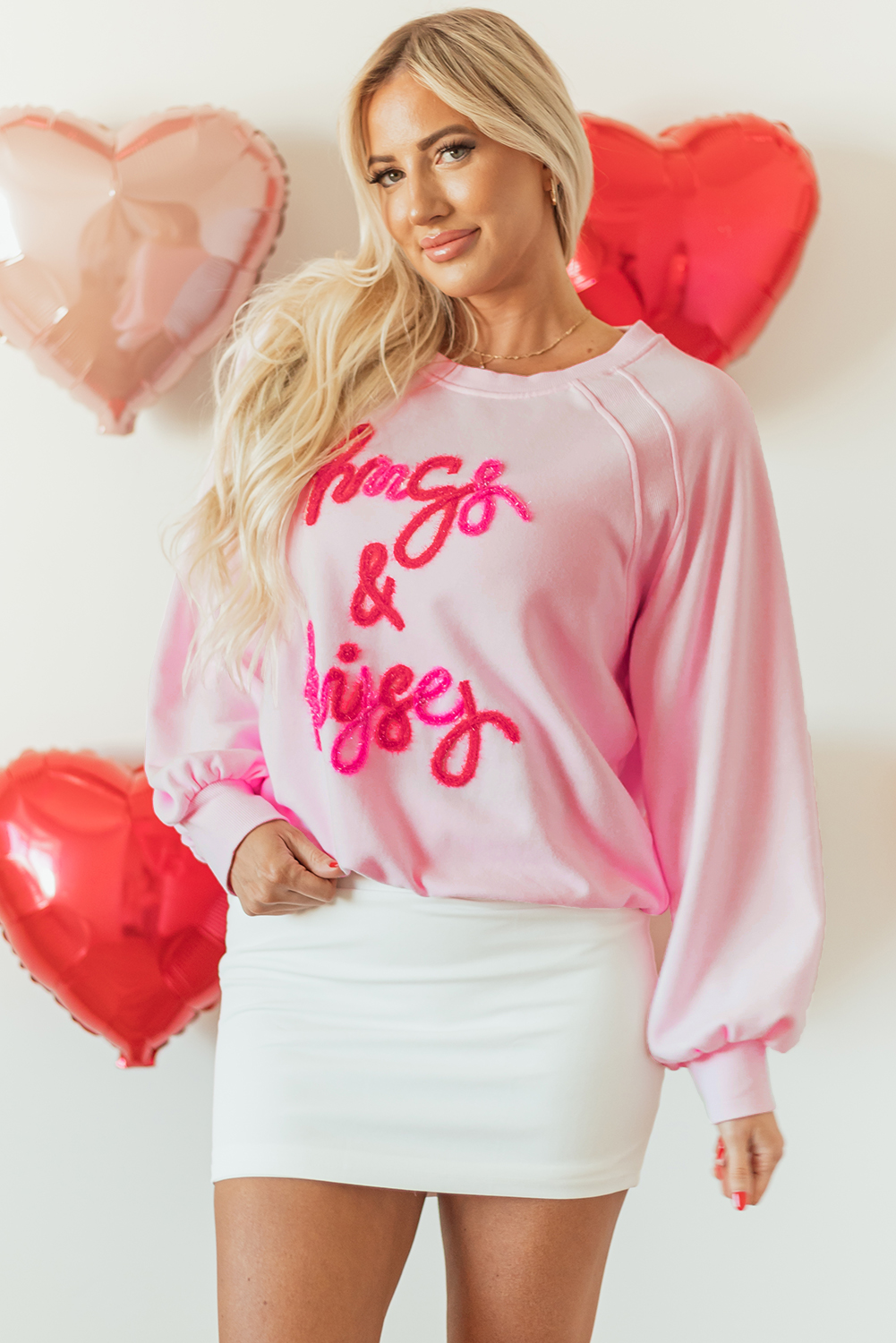 Pink Hugs and Kisses Pop Up Embroidered Raglan Sleeve Sweatshirt - loveforevers
