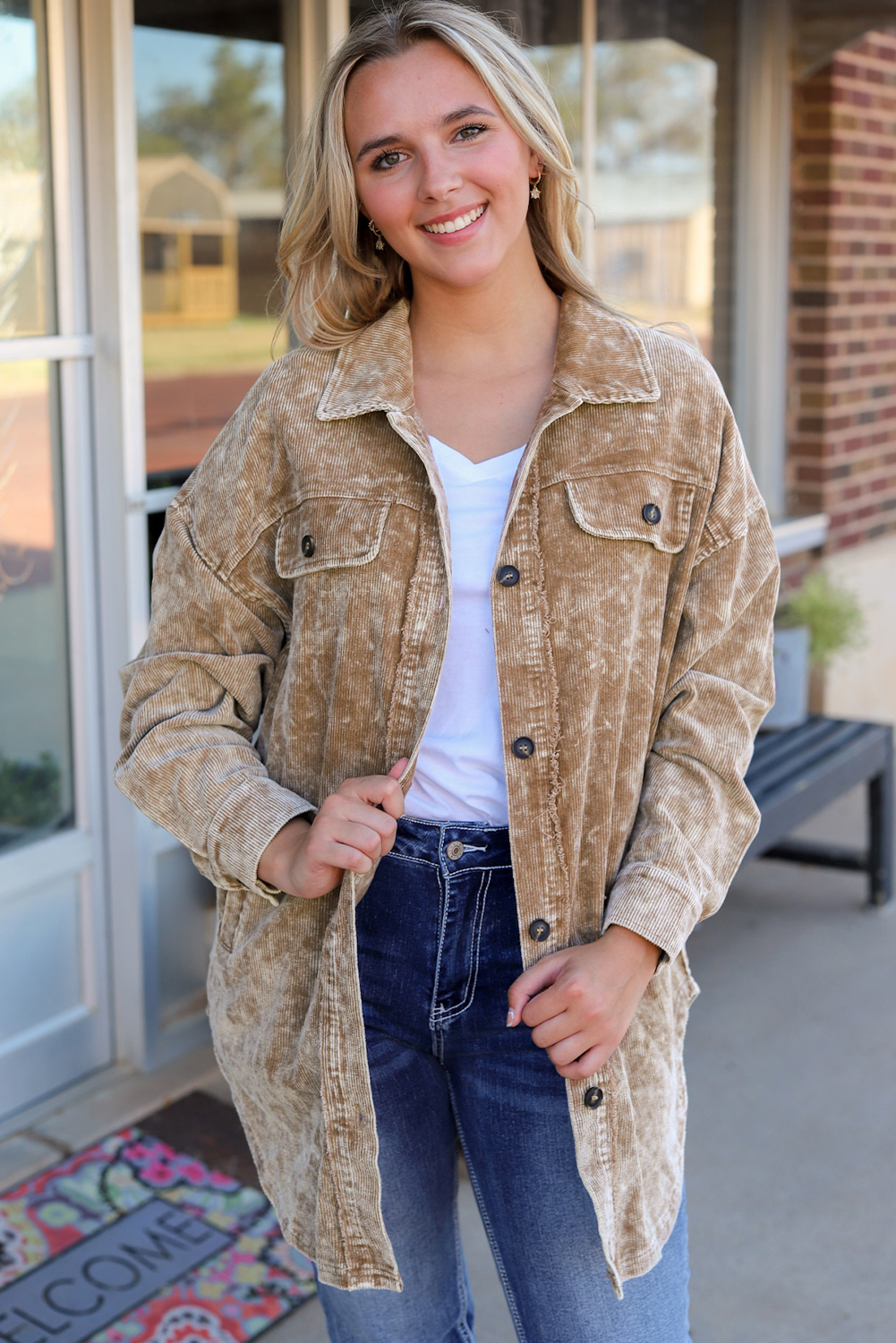 Khaki Vintage Distressed Mineral Wash Oversized Shacket - loveforevers