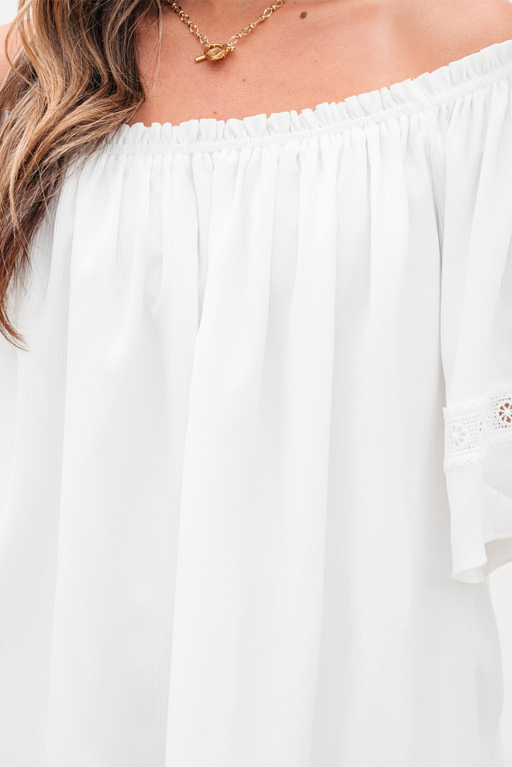 White Frilly Off Shoulder Lace Insert Sleeve Textured Blouse - loveforevers