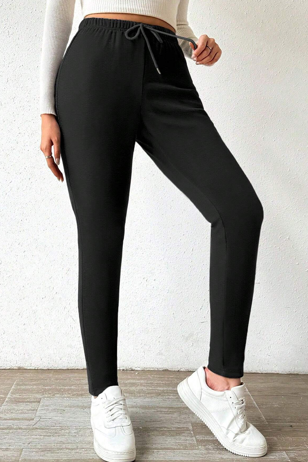Black Thermal Lined Drawstring High Waist Leggings - loveforevers
