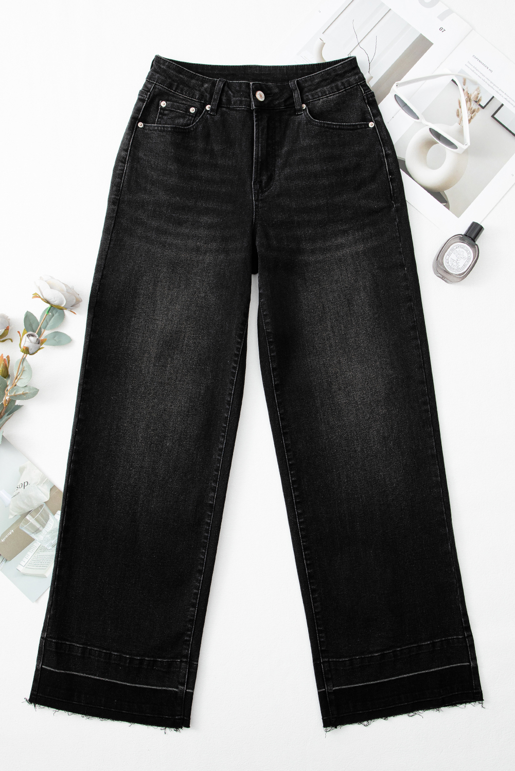 Real Teal Raw Hem Unique Cuffs Straight High Rise Loose Jeans - loveforevers