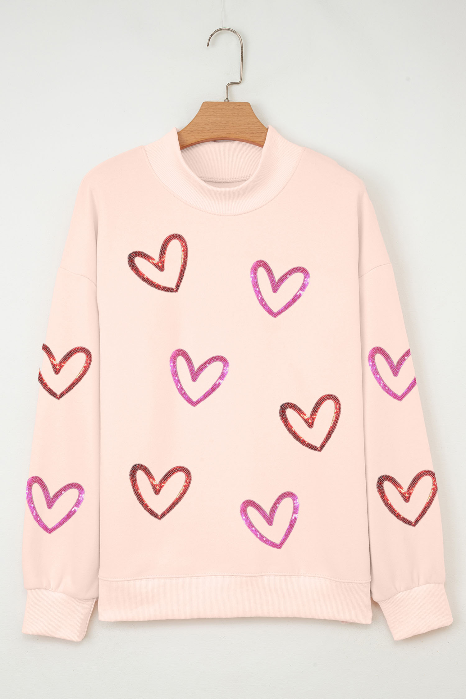 Apricot Pink Sequin Heart Sketch Patched Mock Neck Sweatshirt - loveforevers