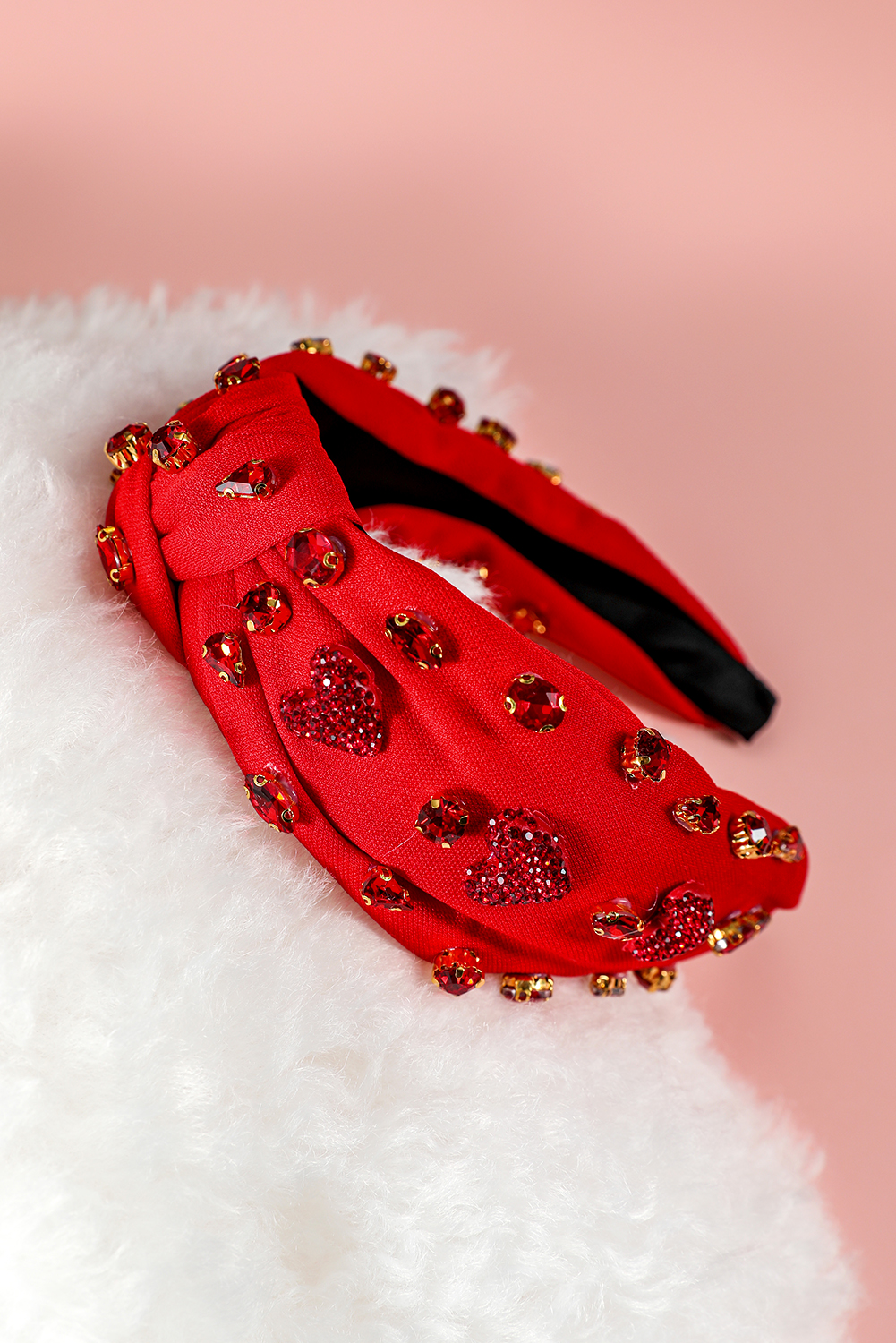Fiery Red Rhinestone Heart Glass Drill Studded Knotted Wide Headband - loveforevers