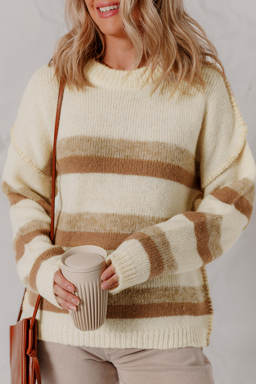 Khaki Stripe Exposed Seam Drop Shoulder Knit Baggy Sweater - loveforevers