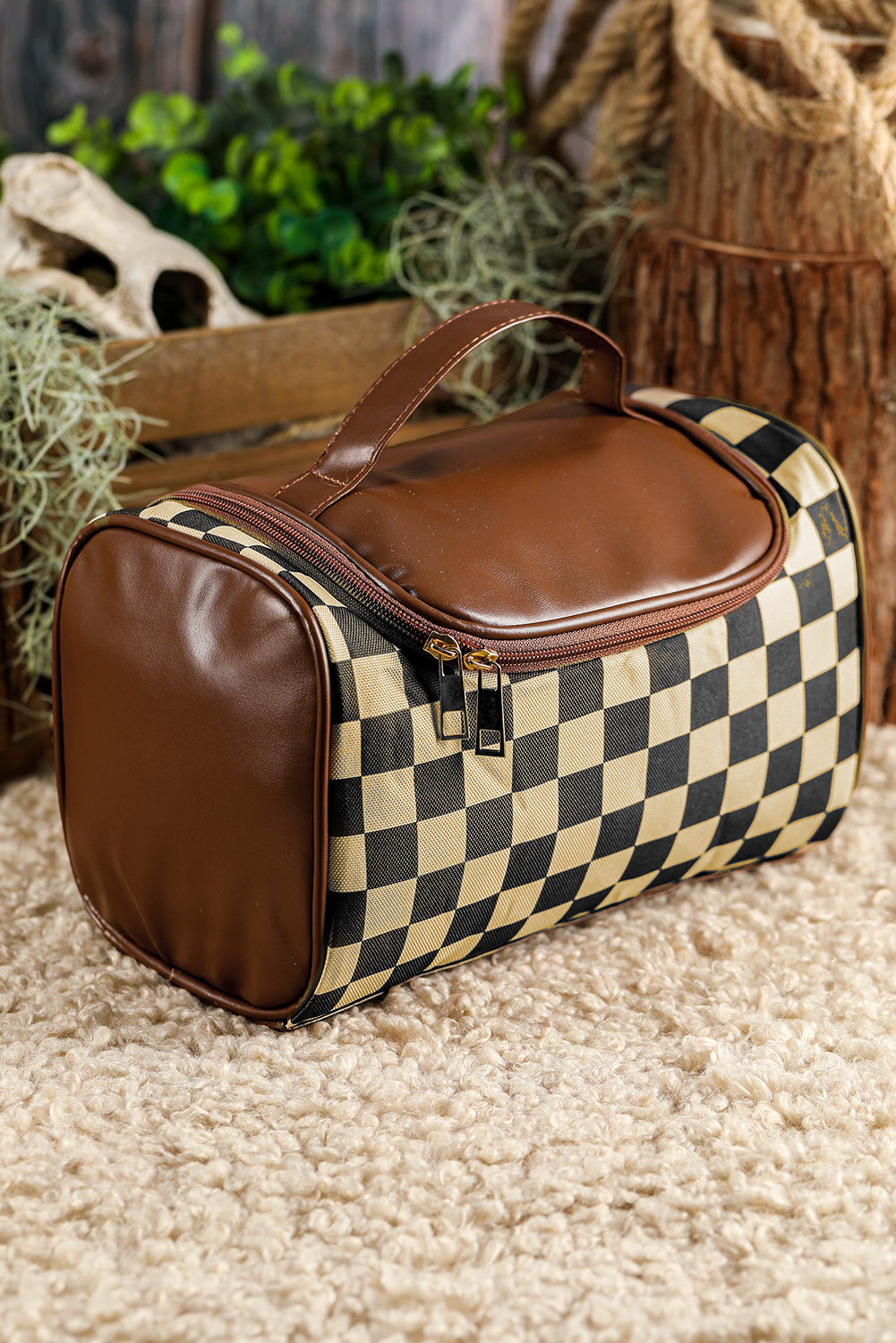 Black Checkered PU Leather Zipper Makeup Bag - loveforevers
