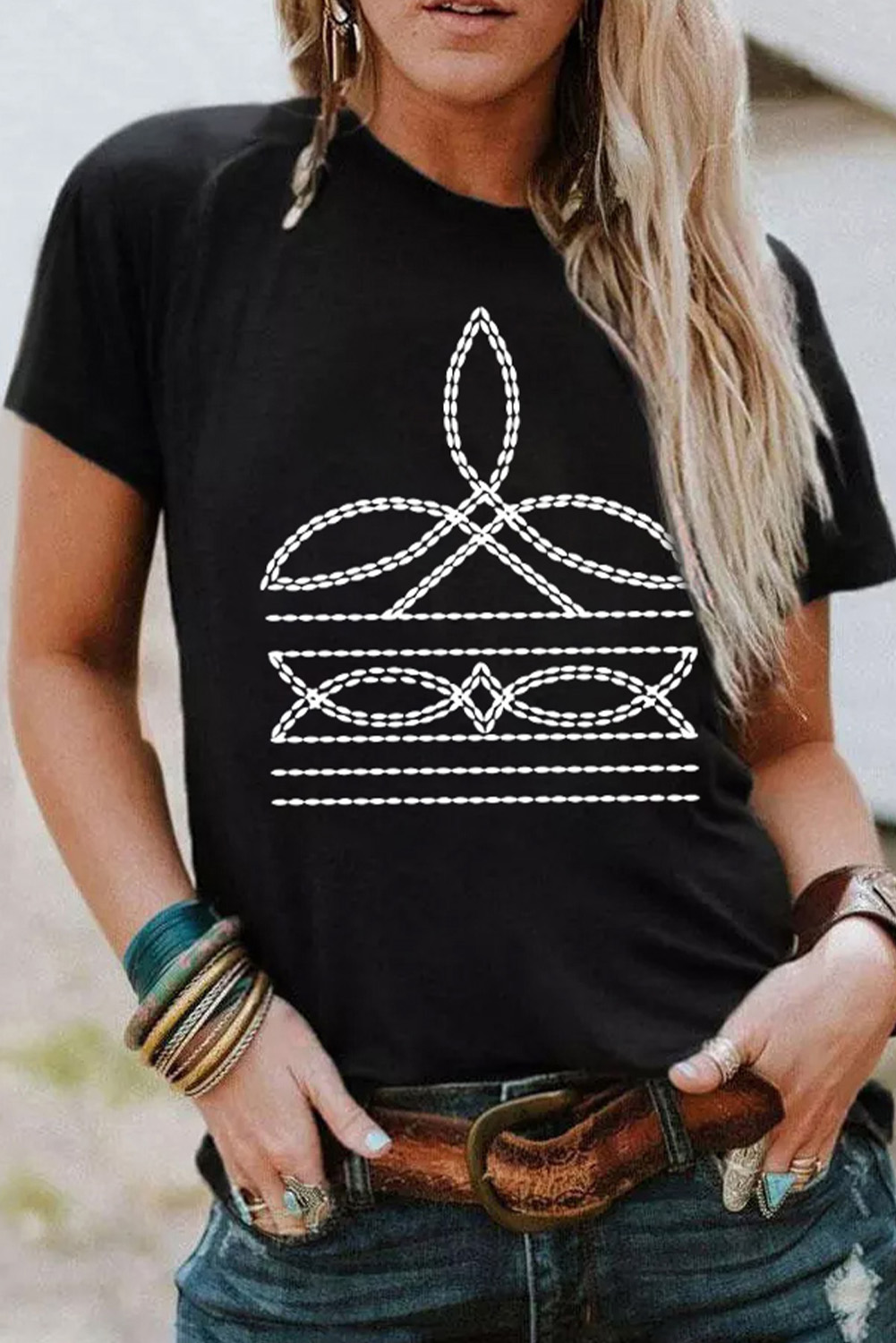Black Western Pattern Print Slim Fit Crew Neck T Shirt - loveforevers