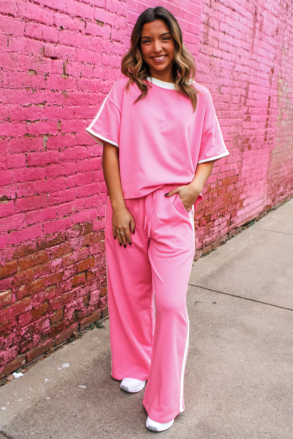Sachet Pink Varsity Stripe Detail Casual Tee and Pants Leisure 2pcs Set - loveforevers