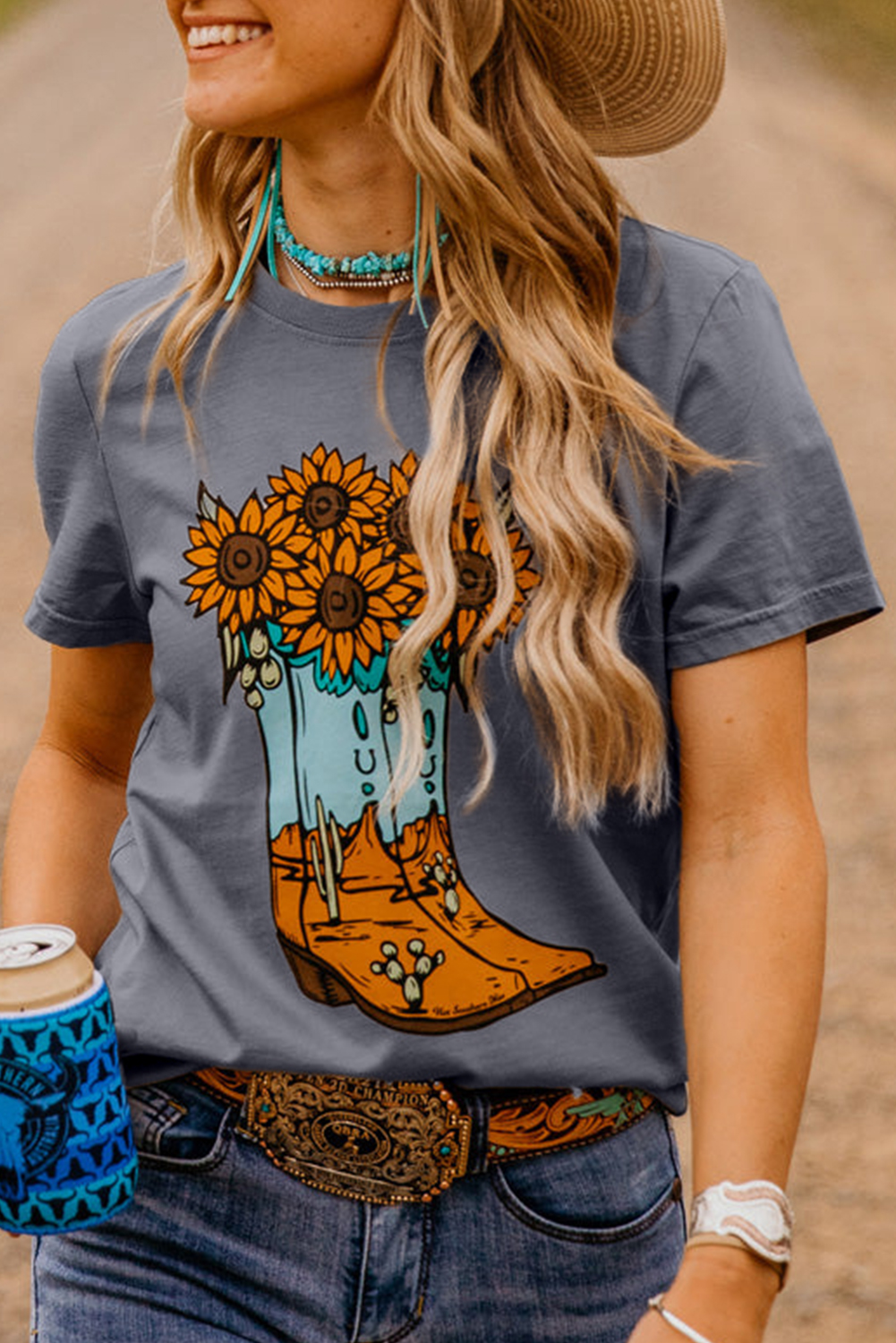 Gray Sunflower Cowgirl Boots Print Western Fashion T Shirt - loveforevers