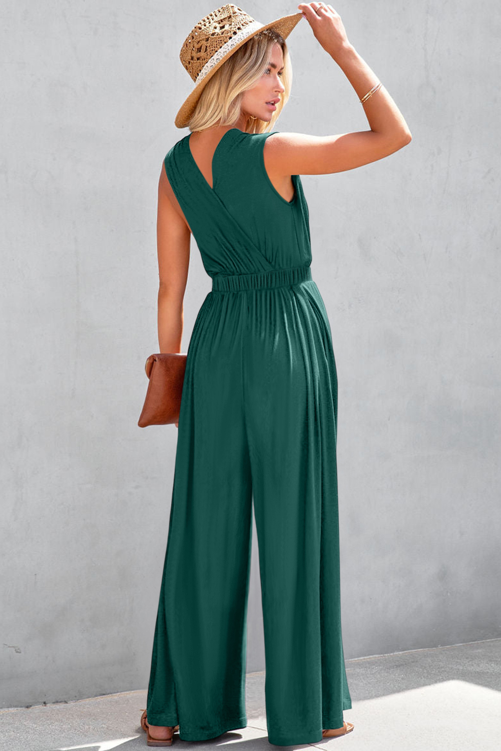 Black Deep V Pleated Crisscross Wide Leg Backless Jumpsuit - loveforevers