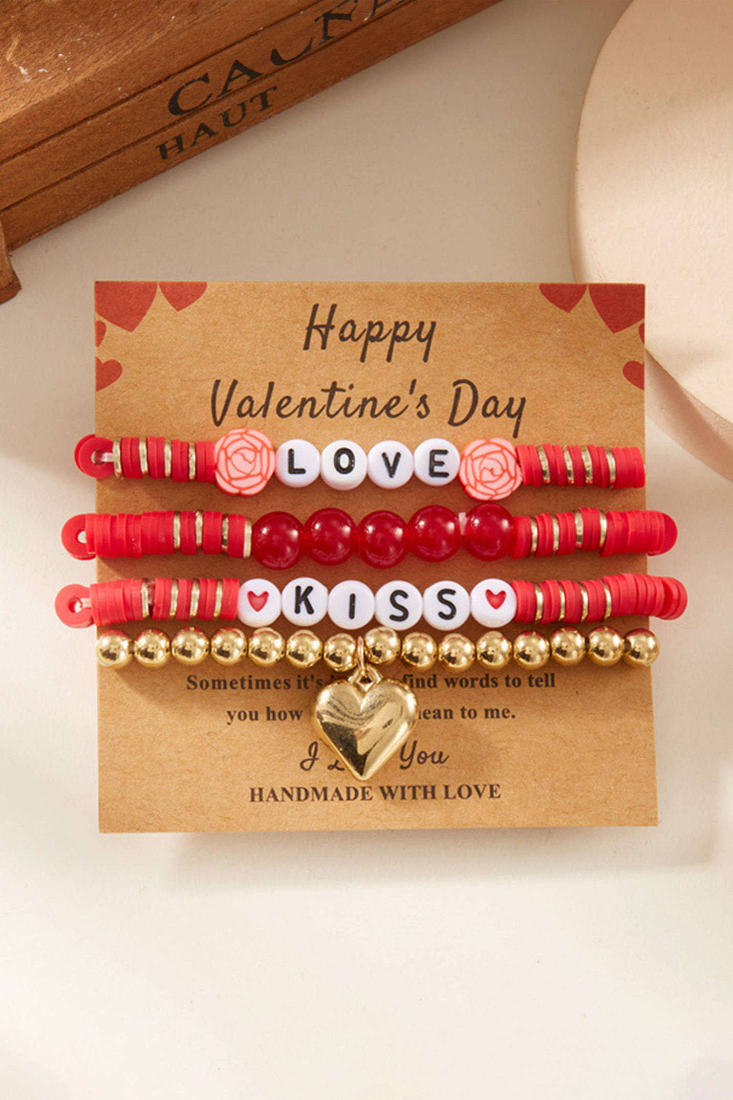 Fiery Red KISS LOVE Valentines Day Golden Beading Bracelets 4pcs Set - loveforevers