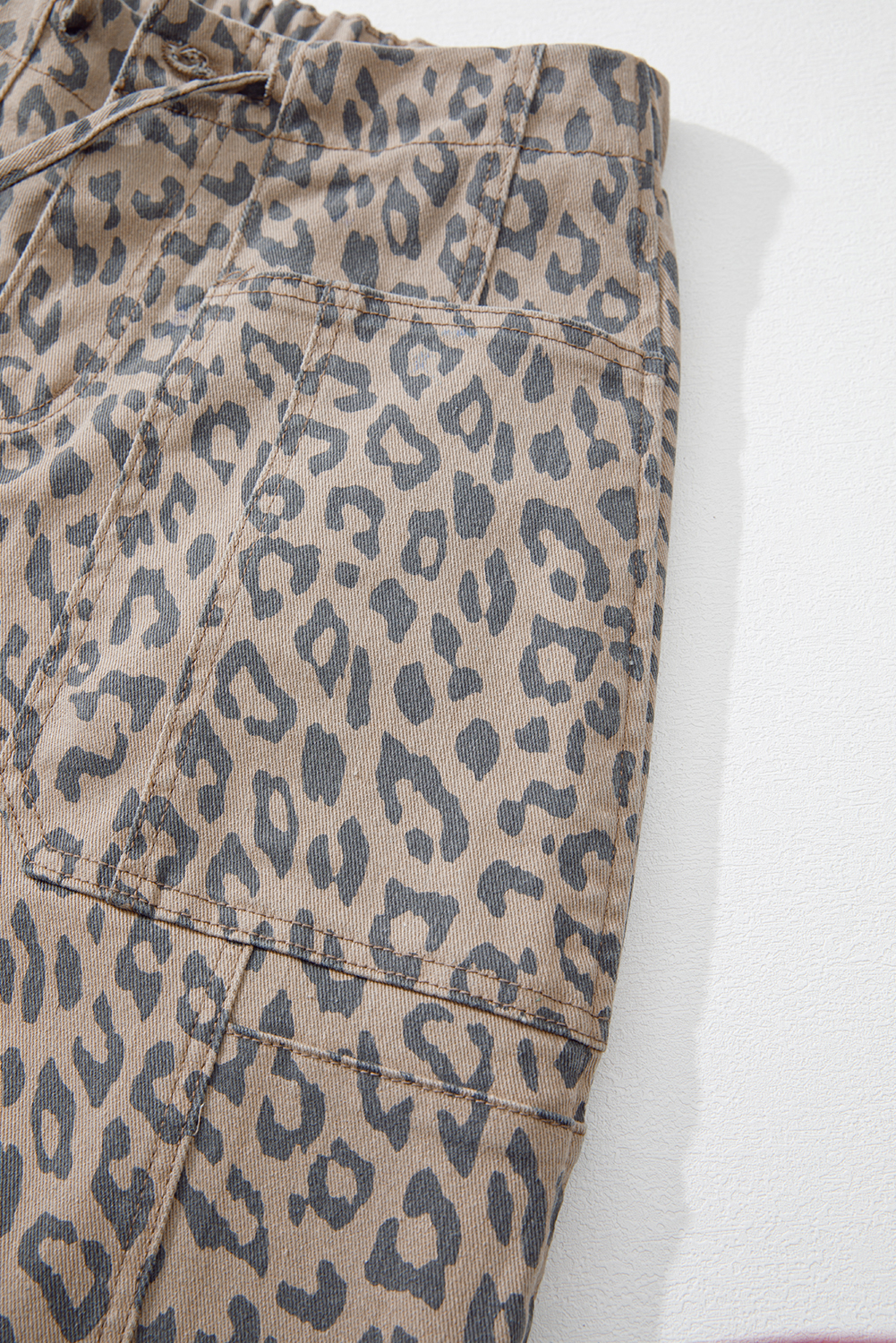 Khaki Leopard Printed Drawstring Elastic Waistband Pocketed Wide Leg Jeans - loveforevers