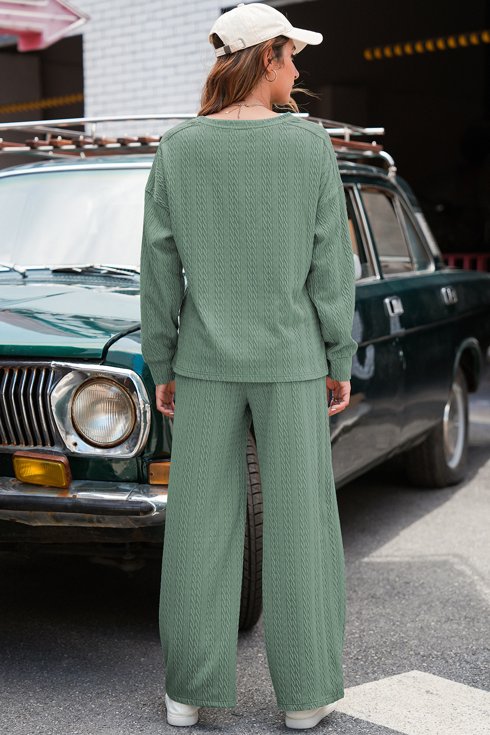 Smoke Green Textured Round Neck Sweatshirt & Loose Drawstring High Waist Pant Set - loveforevers