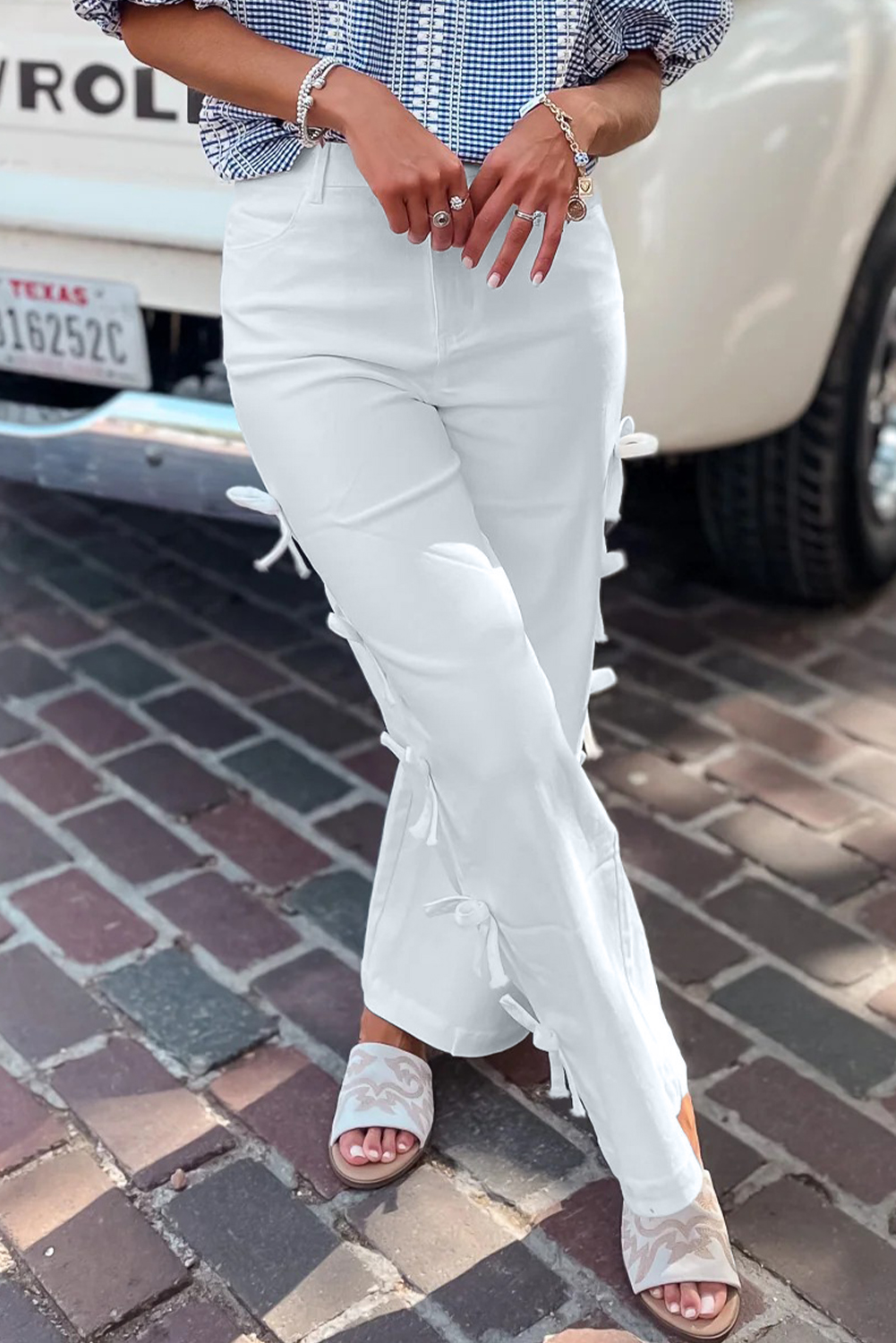 White Bow Knot Side Detail Straight Leg Loose Jeans - loveforevers