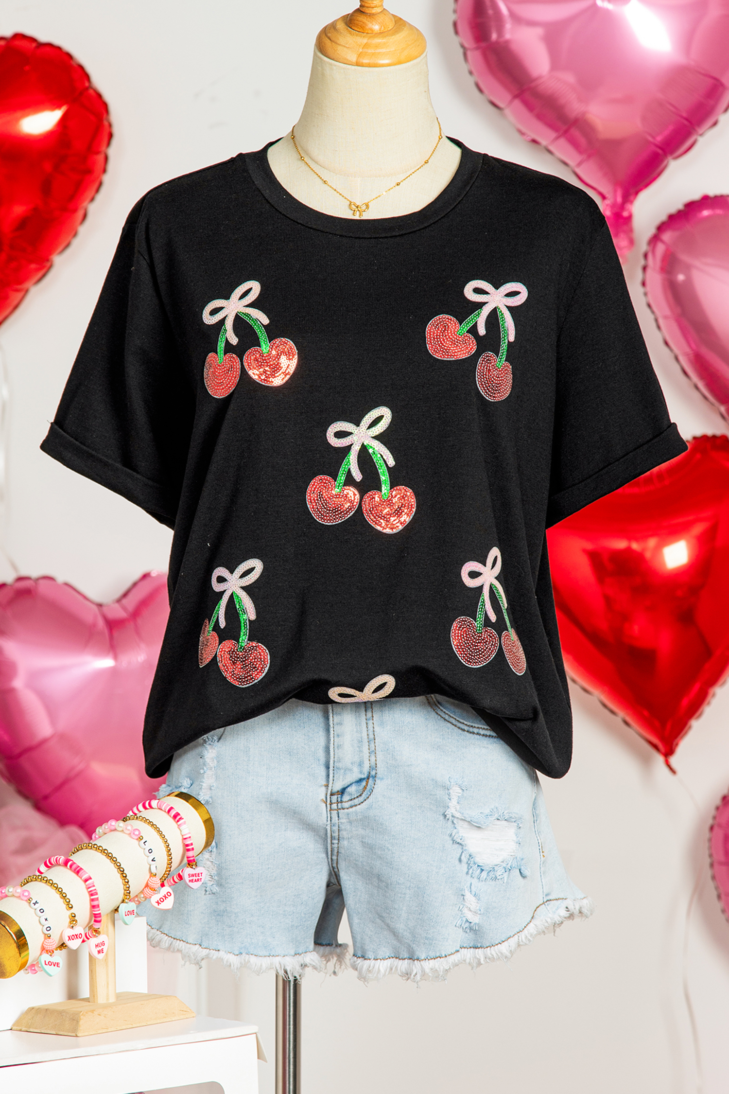Black Sequin Bow Cheery Patched Valentines Graphic Tee - loveforevers