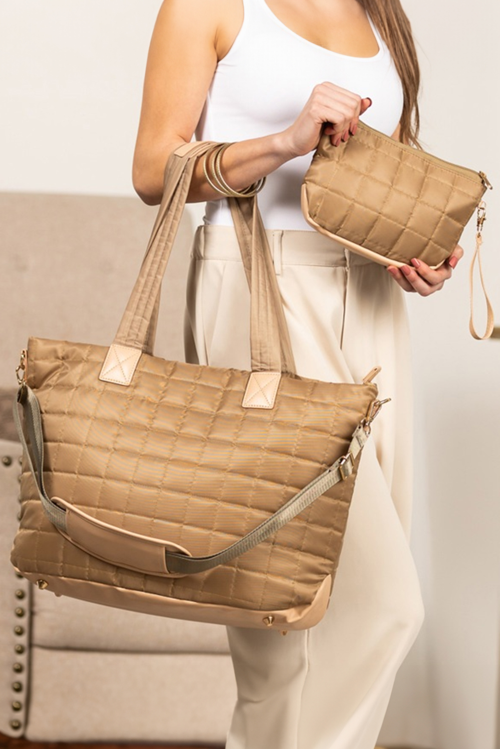 Camel Quiled Patchwork Large Tote Bag and Clutch 2pcs Set - loveforevers