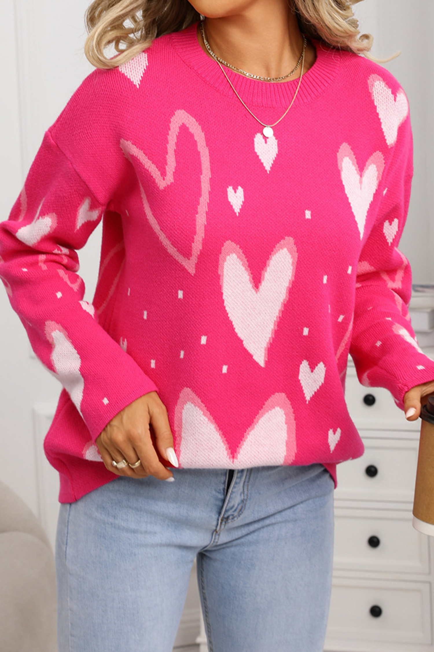 White Splendid Heart Print Valentines Day Sweater - loveforevers